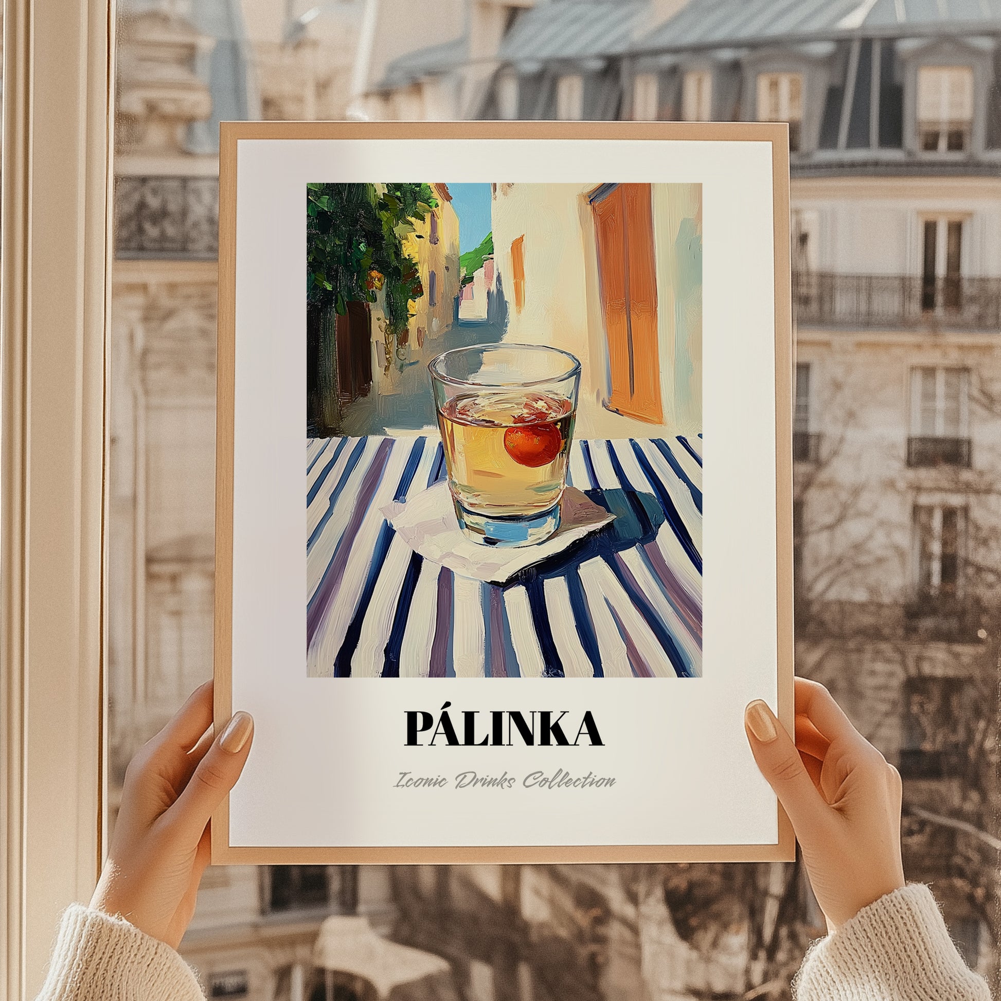 Pálinka – Hungarian Outdoor Café Scene, Hungarian Spirit Illustration, styled in a charming Paris street view