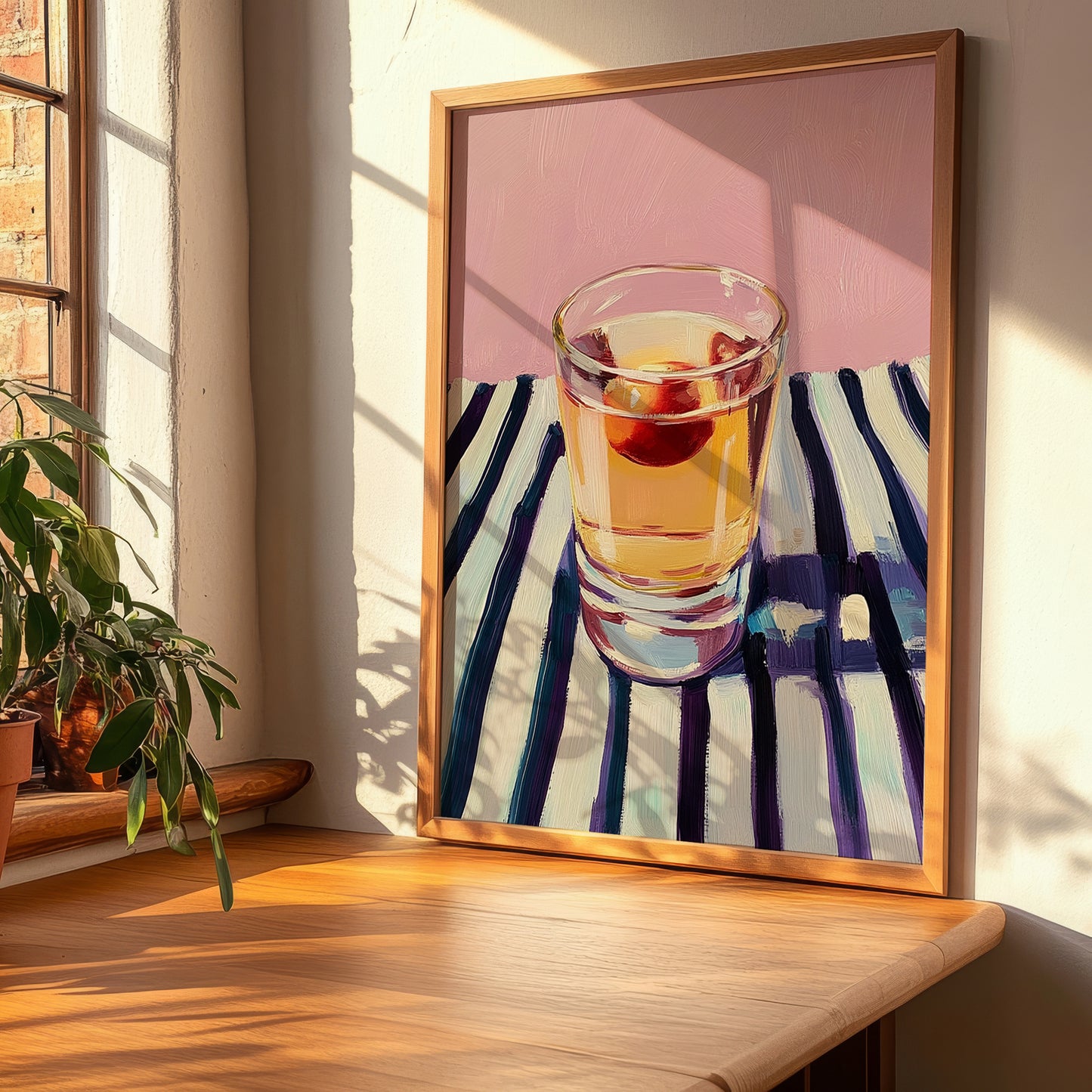 Pálinka – on Striped Tablecloth, Hungarian Wine Painting, clean layout with no caption