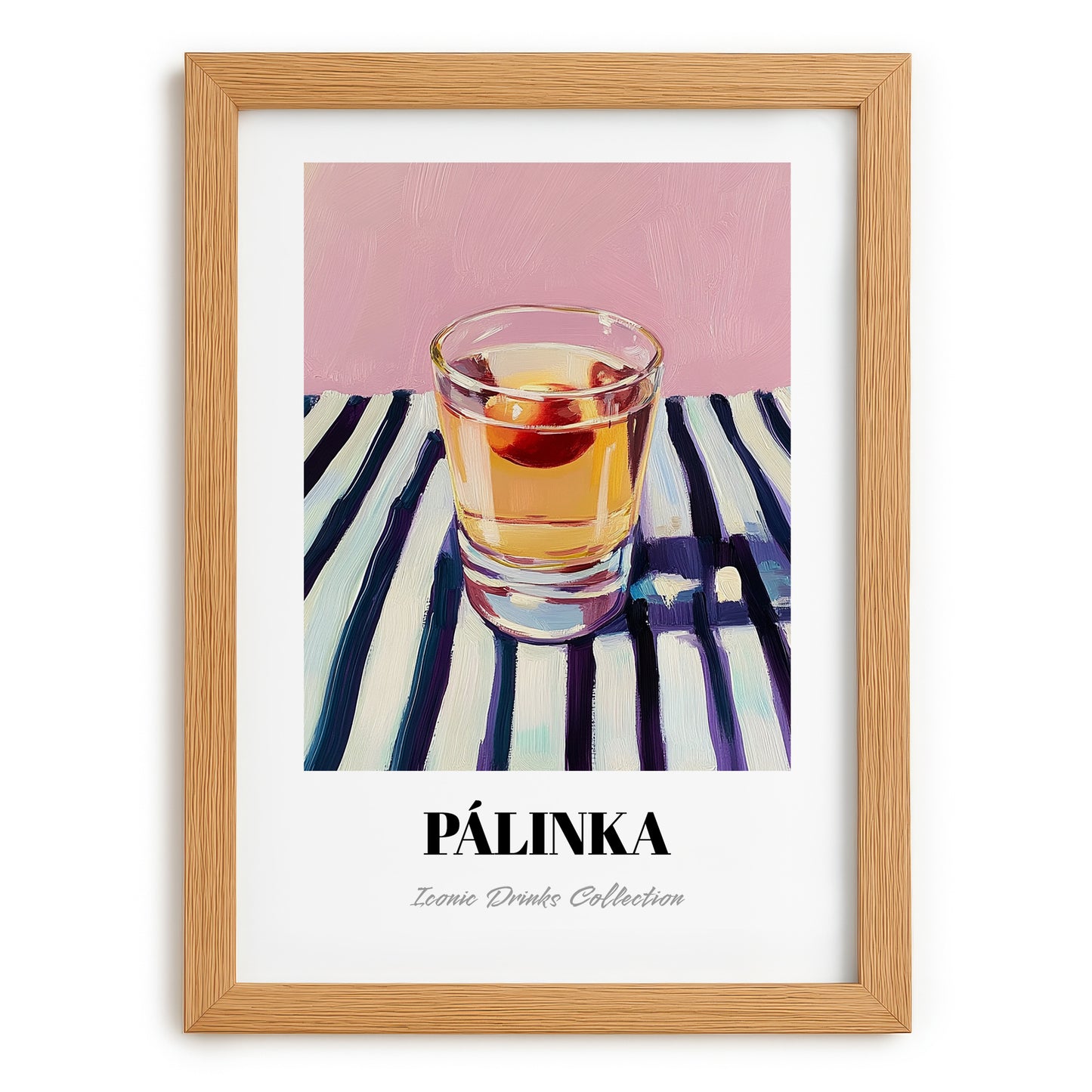 Pálinka – on Striped Tablecloth, Hungarian Wine Painting, set in oak frame