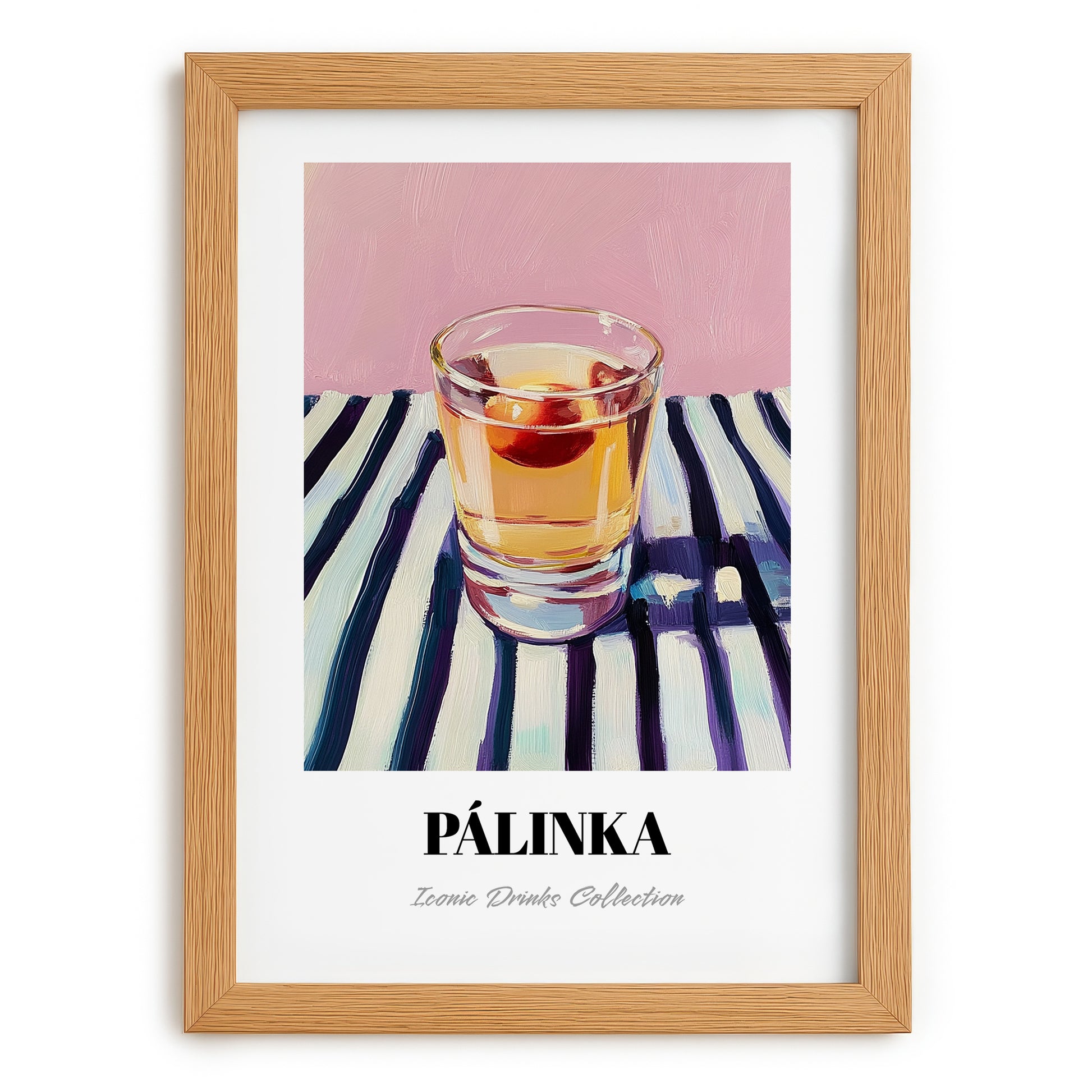 Pálinka – on Striped Tablecloth, Hungarian Wine Painting, set in oak frame