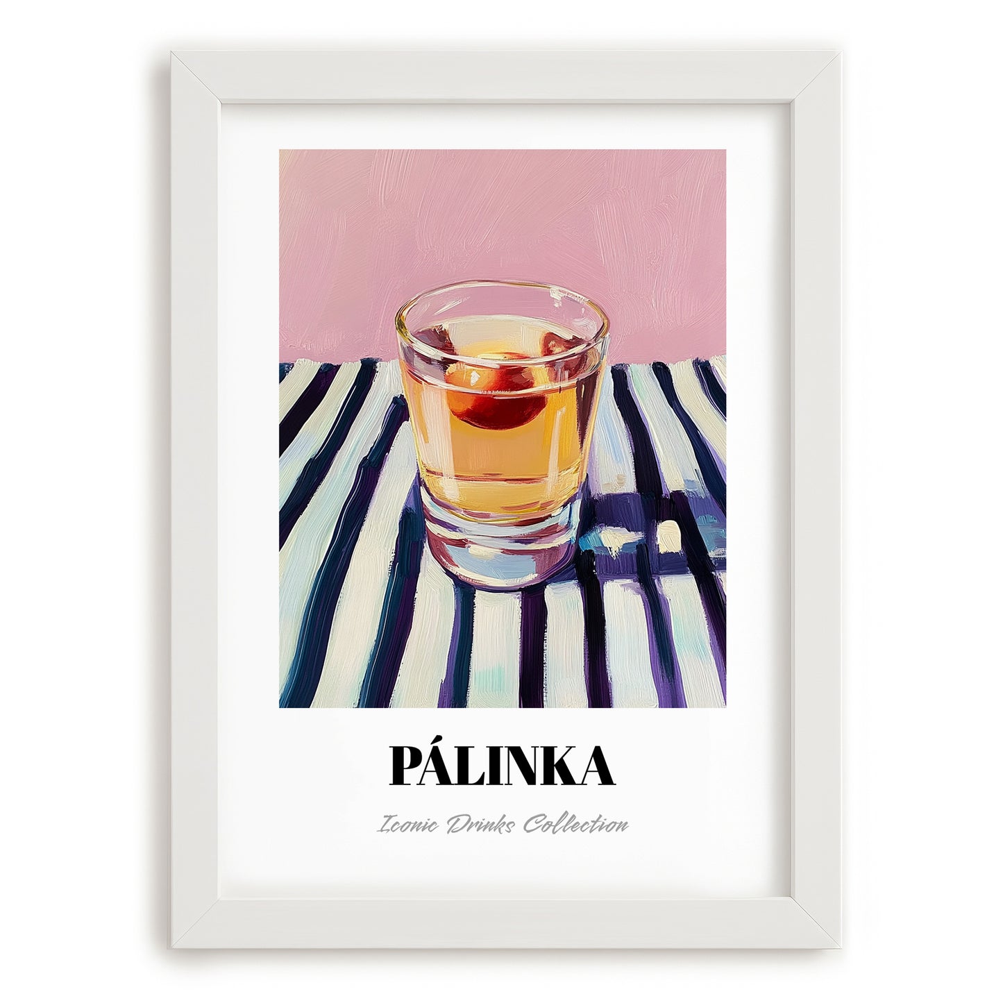 Pálinka – on Striped Tablecloth, Hungarian Wine Painting, placed in minimal white frame