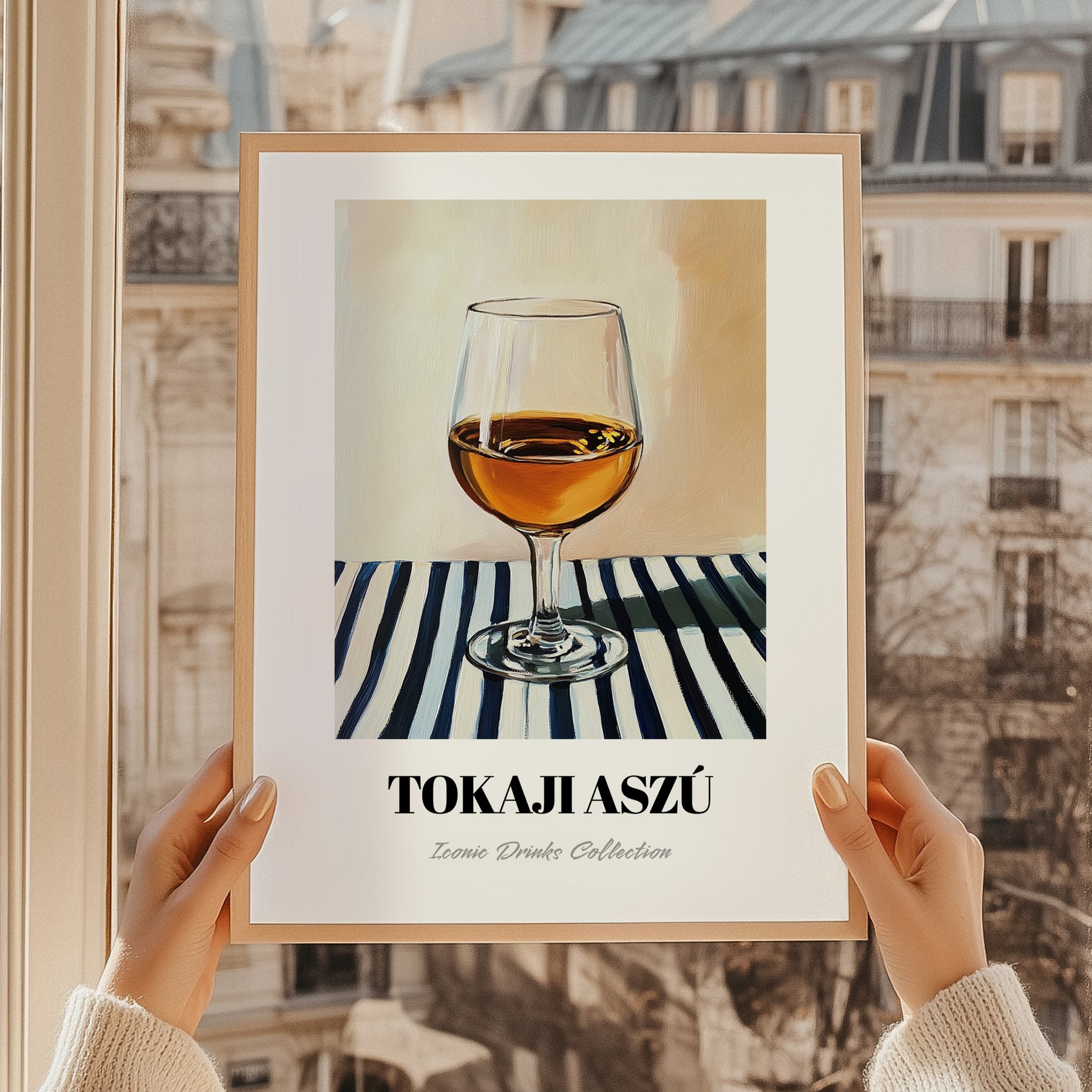 Tokaji Aszú – on Striped Tablecloth, Hungarian Spirit Illustration, styled in a charming Paris street view