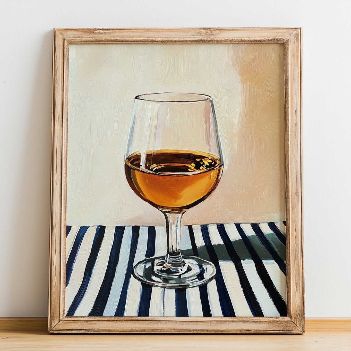 Tokaji Aszú – on Striped Tablecloth, Hungarian Spirit Illustration, no-text version framed in wood