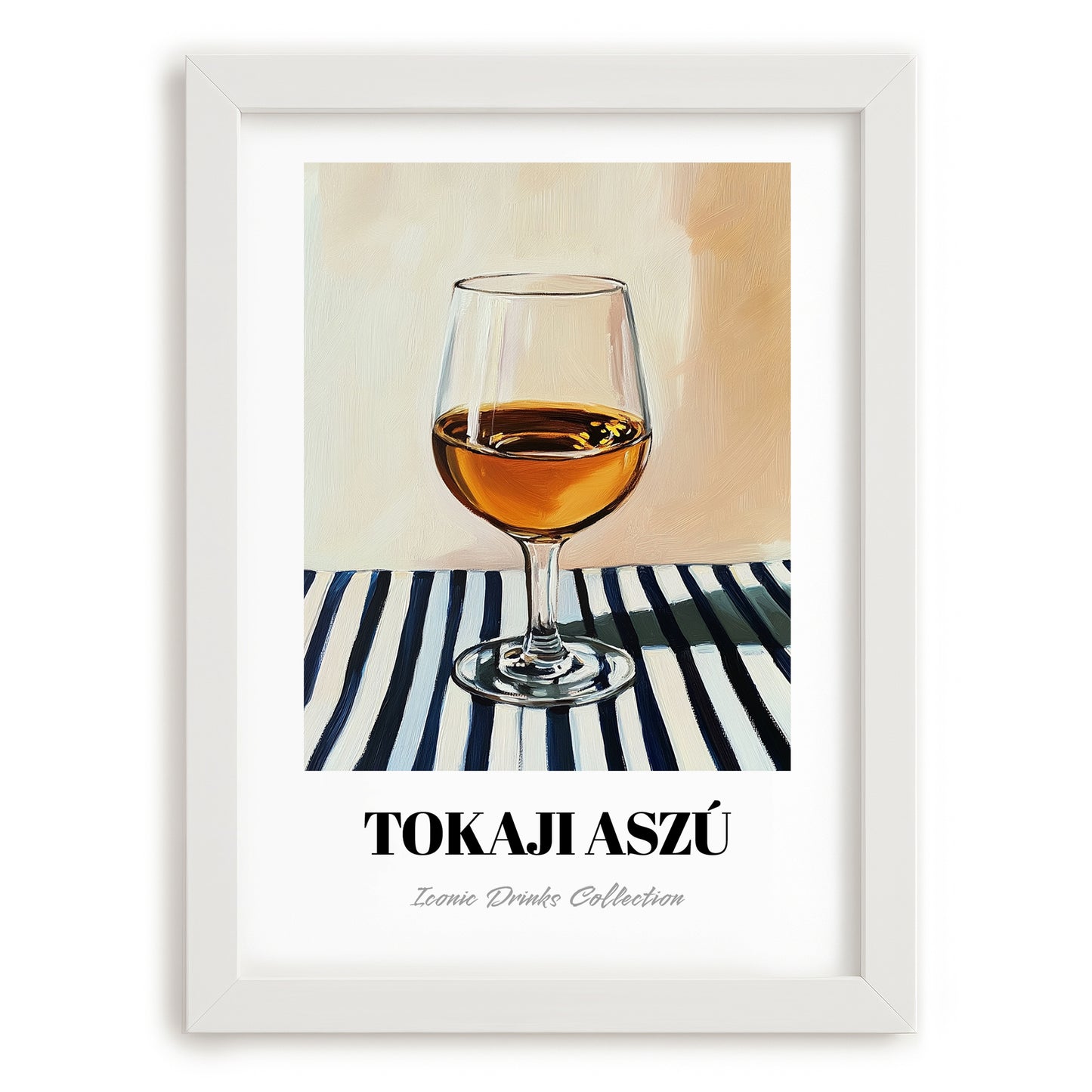 Tokaji Aszú – on Striped Tablecloth, Hungarian Spirit Illustration, placed in minimal white frame
