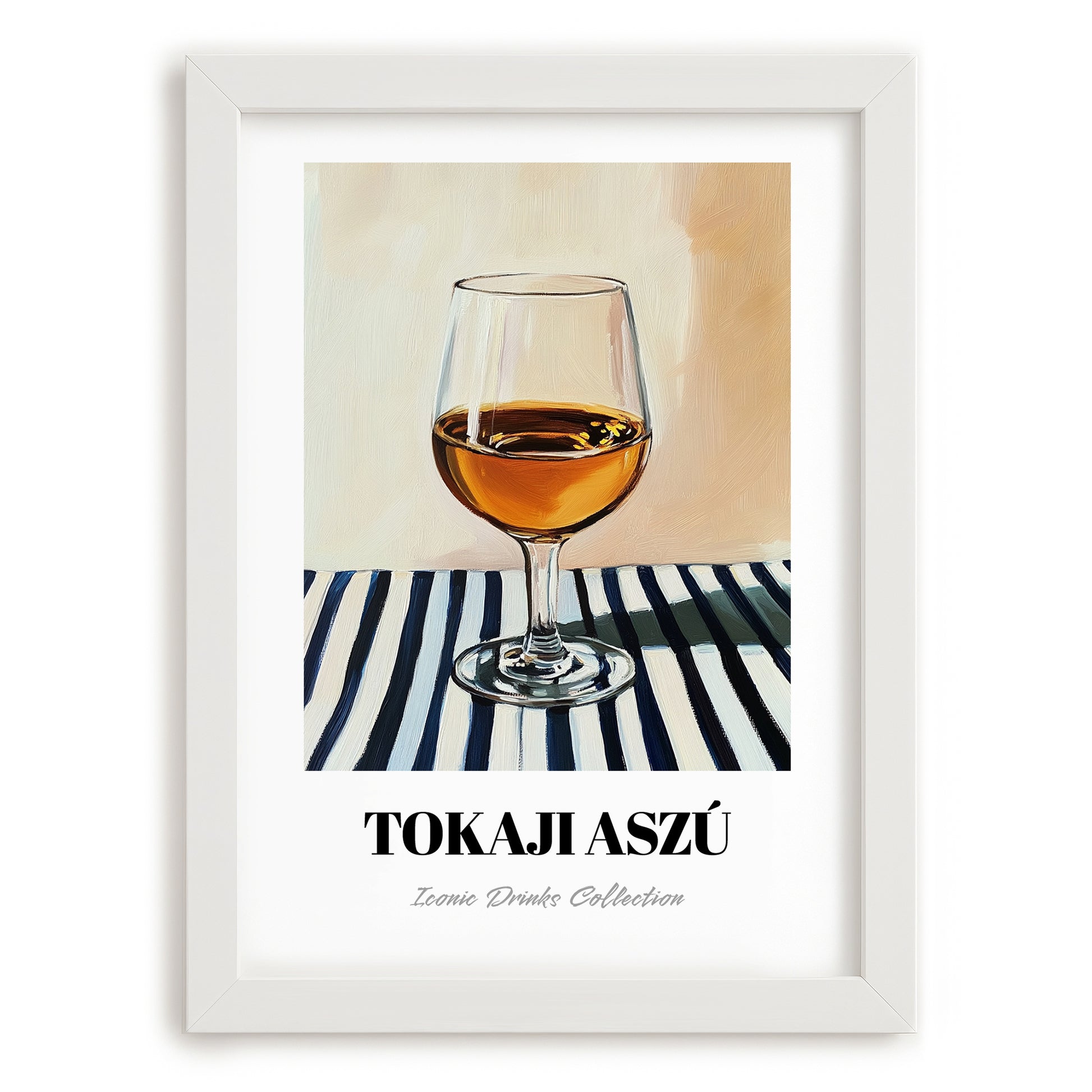 Tokaji Aszú – on Striped Tablecloth, Hungarian Spirit Illustration, placed in minimal white frame