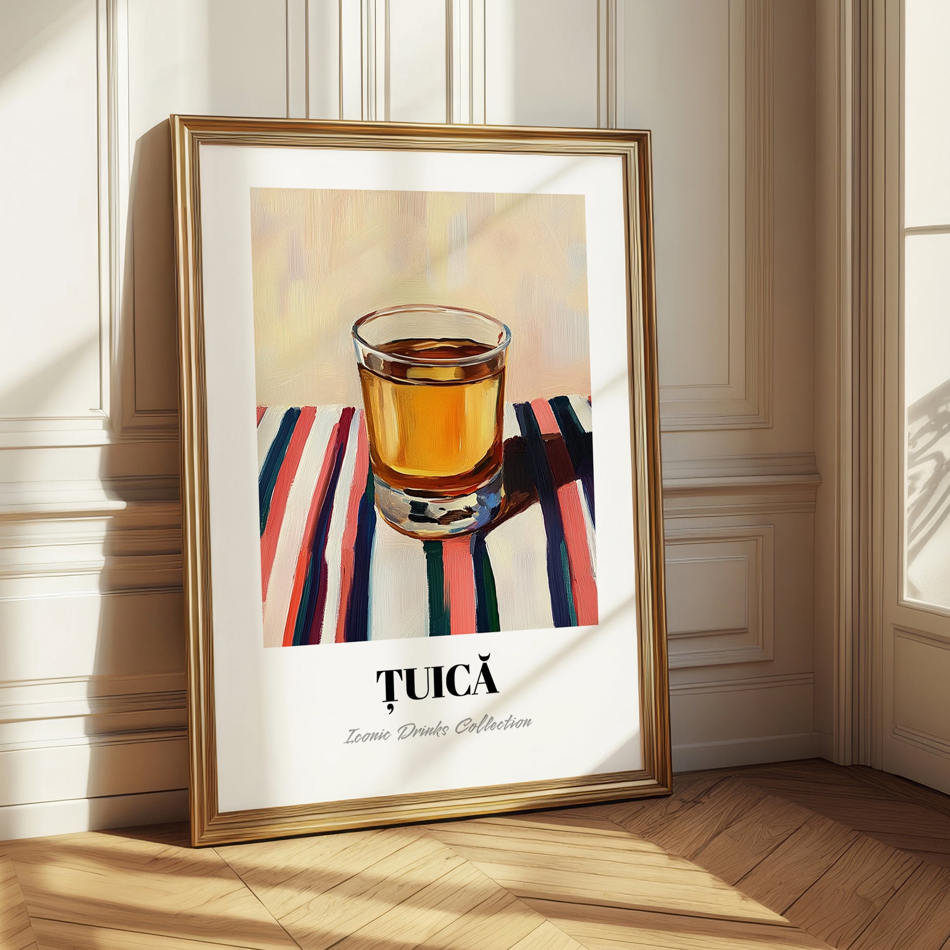 Țuică – on Striped Tablecloth, Romanian Beverage Poster