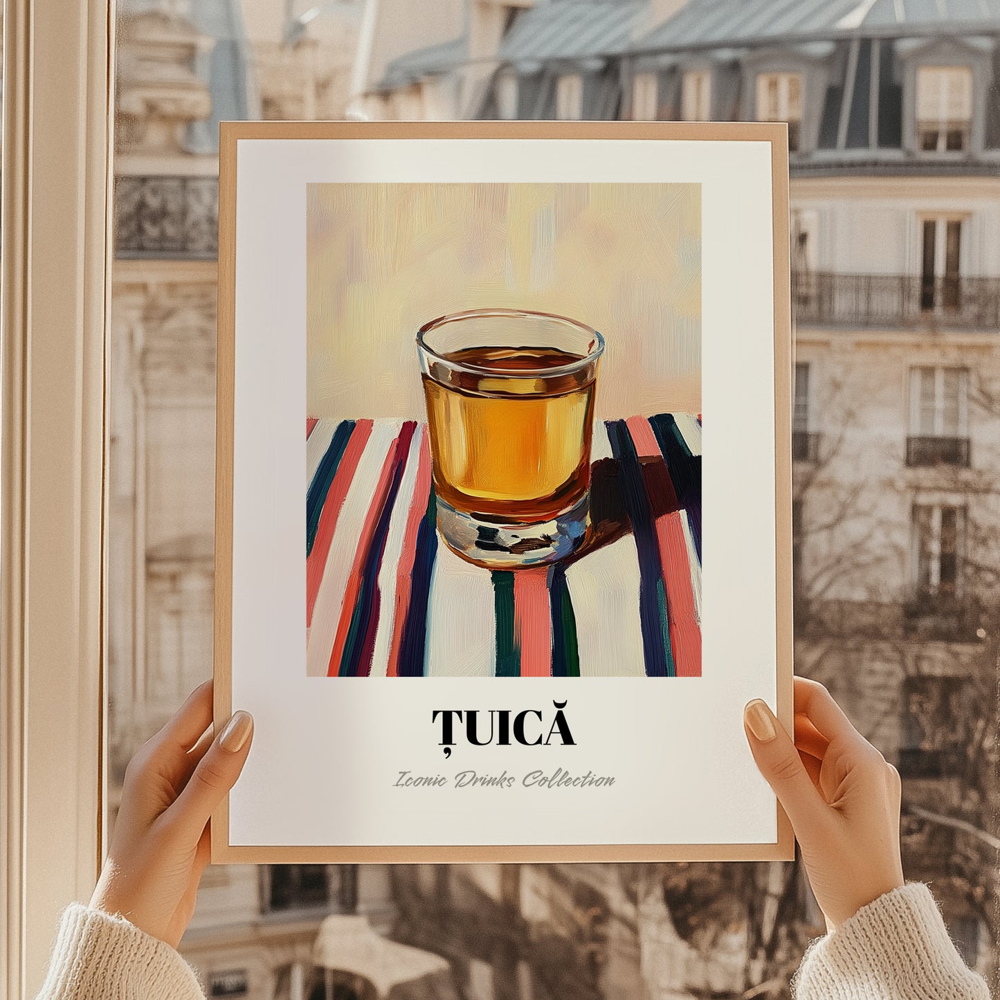 Țuică – on Striped Tablecloth, Romanian Beverage Poster, styled in a charming Paris street view