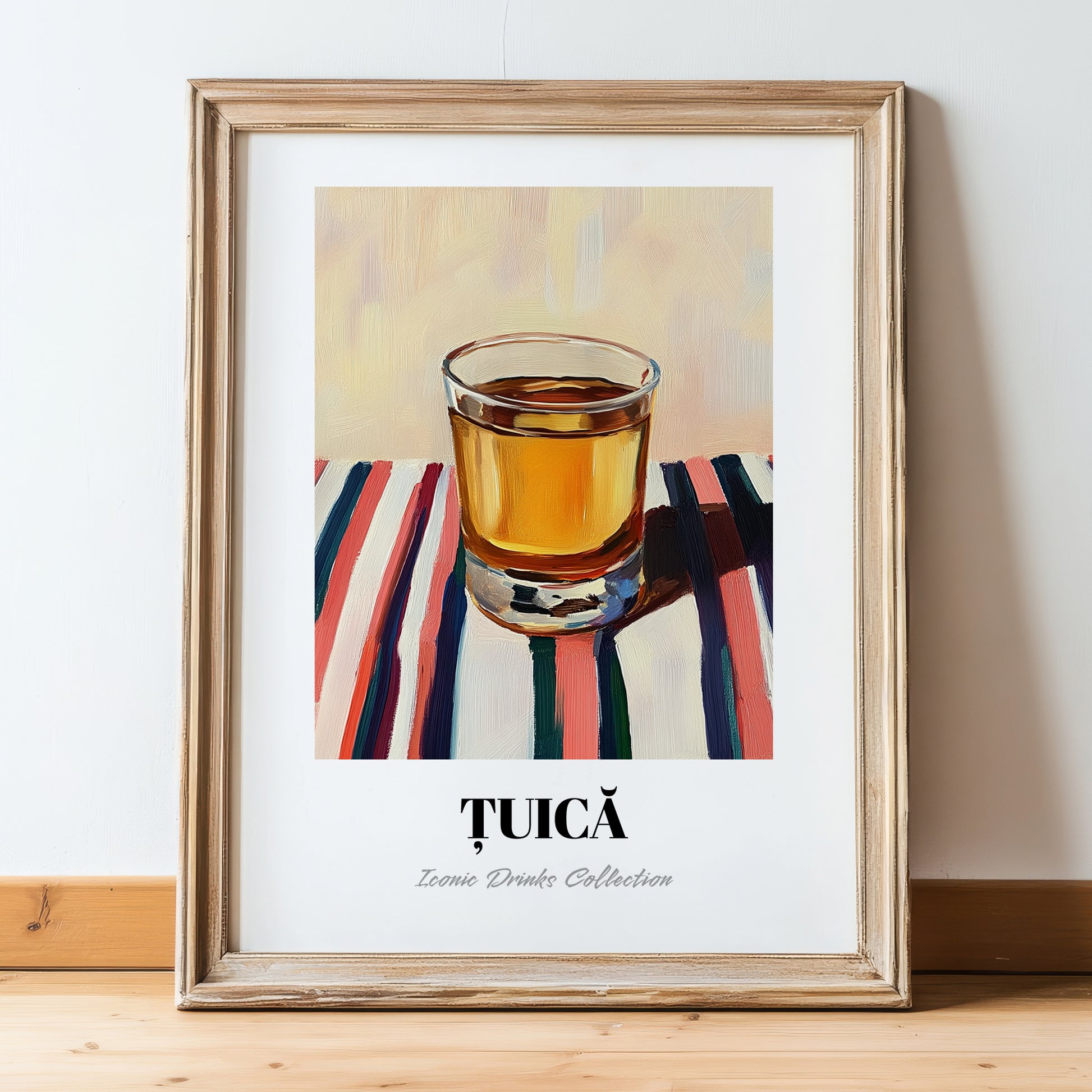Țuică – on Striped Tablecloth, Romanian Beverage Poster, in wooden frame leaning on the floor