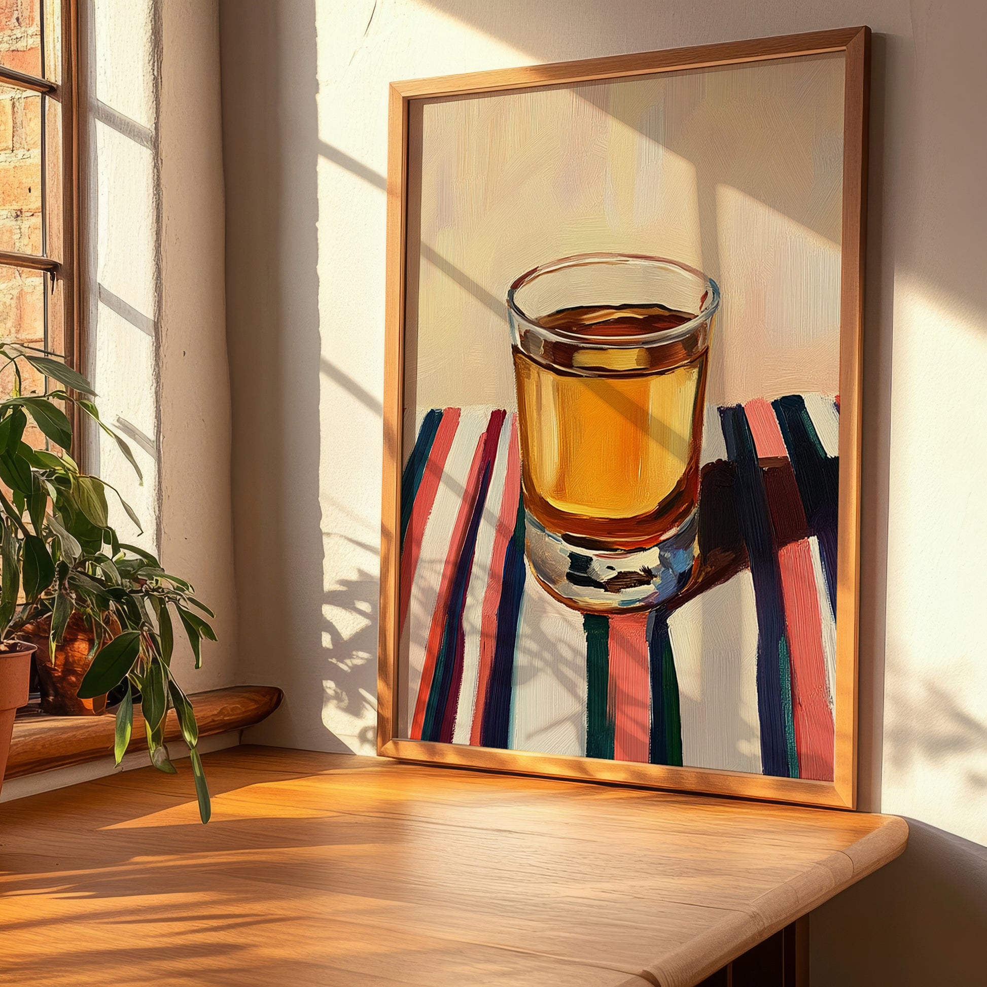 Țuică – on Striped Tablecloth, Romanian Beverage Poster, clean layout with no caption