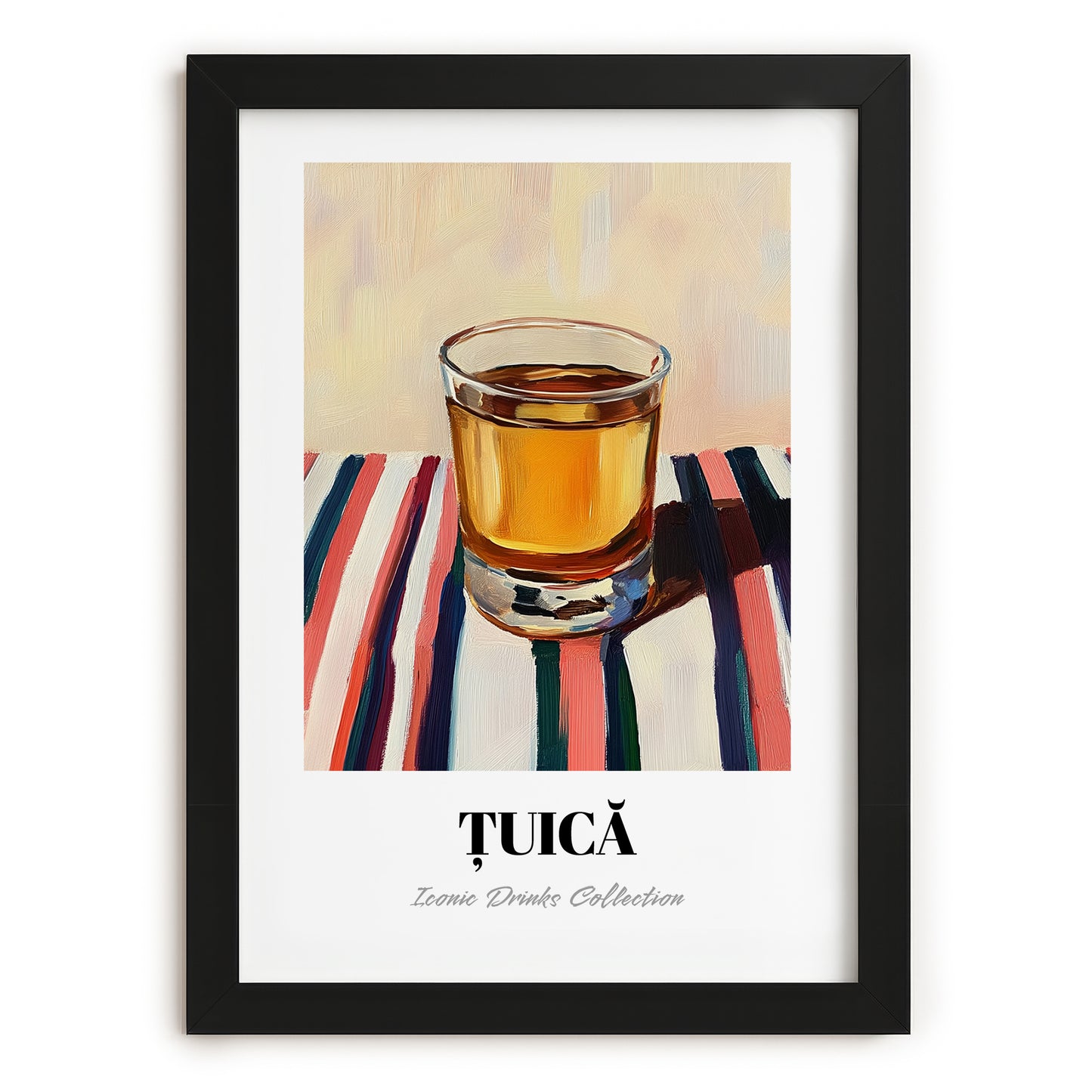 Țuică – on Striped Tablecloth, Romanian Beverage Poster, in sleek black frame