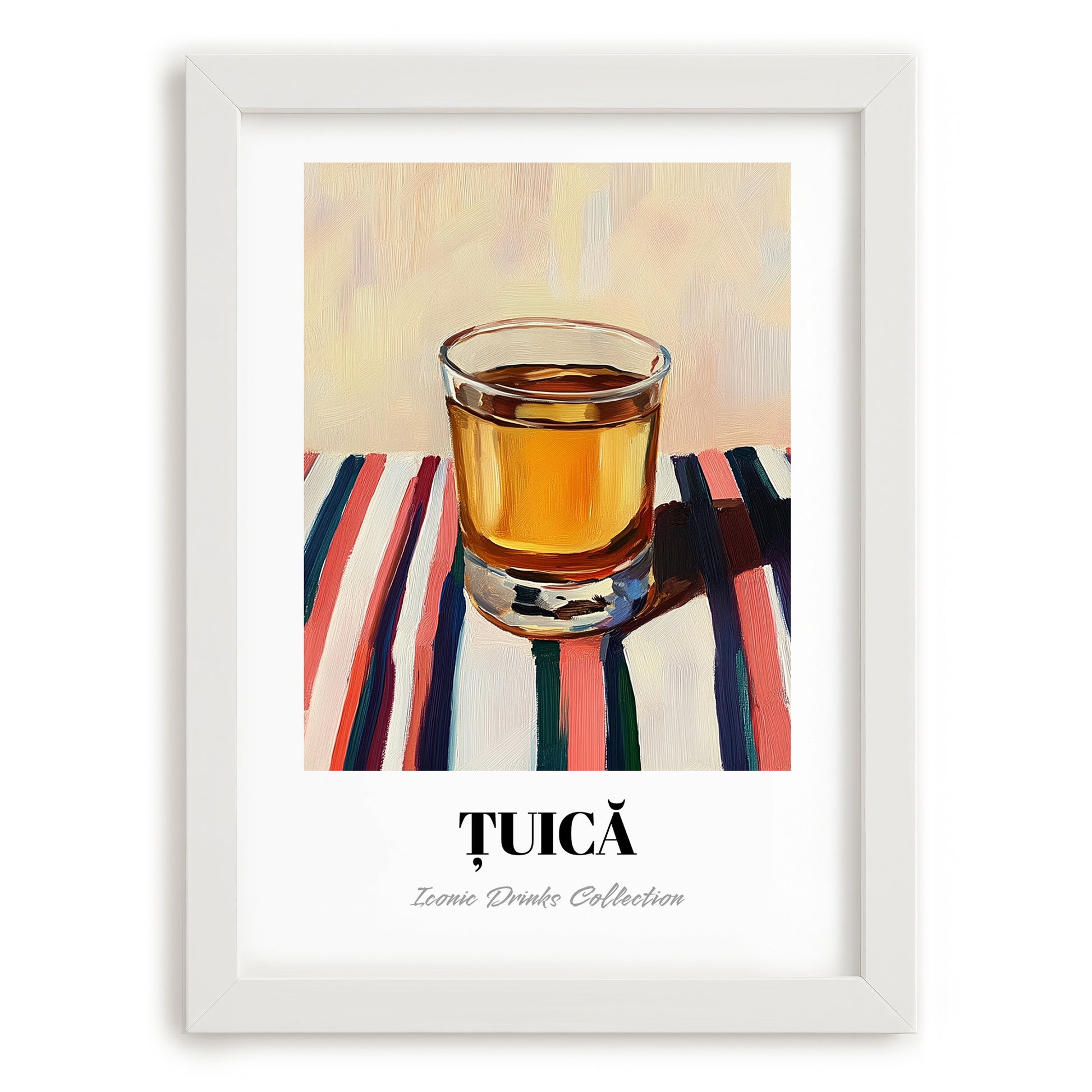 Țuică – on Striped Tablecloth, Romanian Beverage Poster, placed in minimal white frame