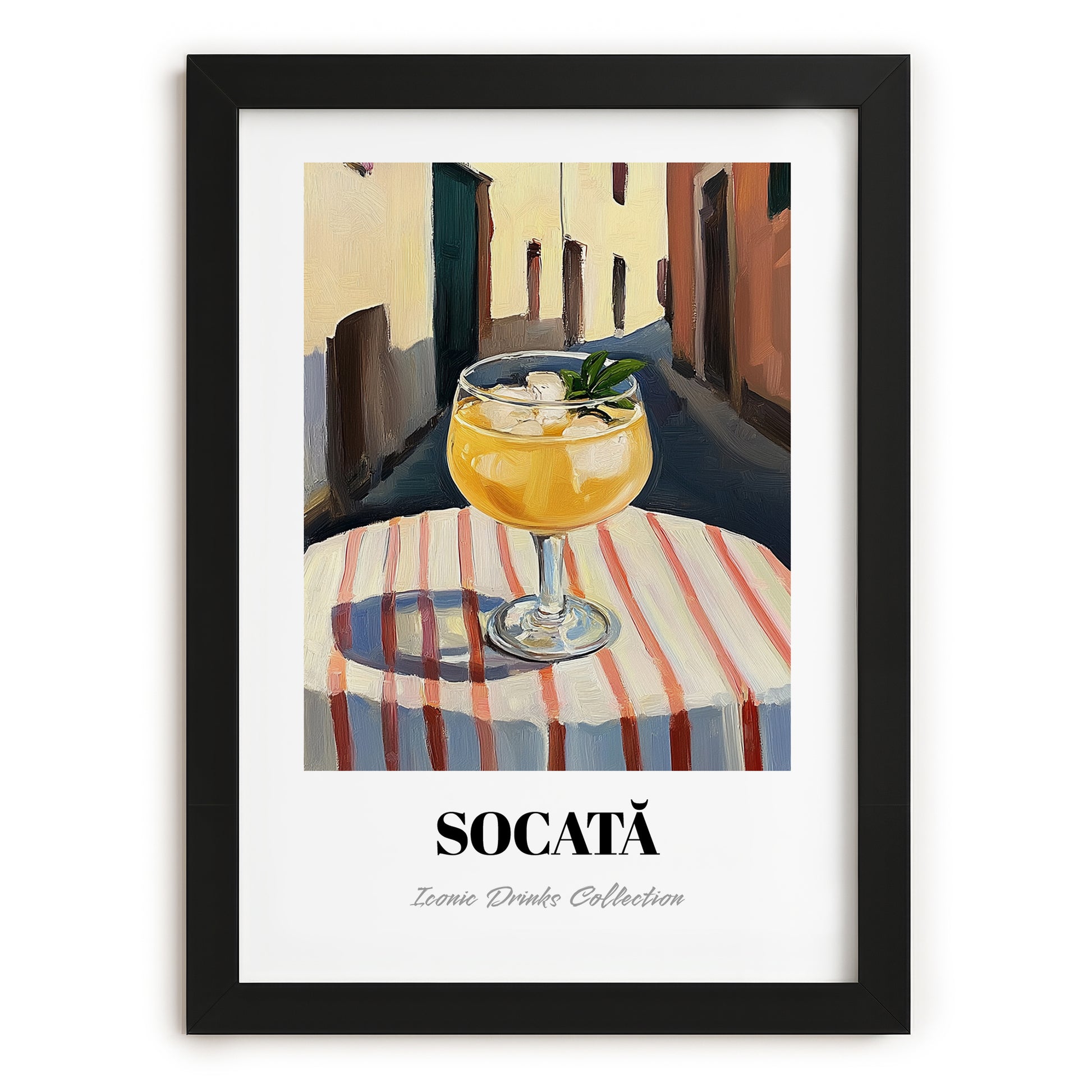 Socată – Romanian Street Café Scene, Romanian Beverage Print, in sleek black frame