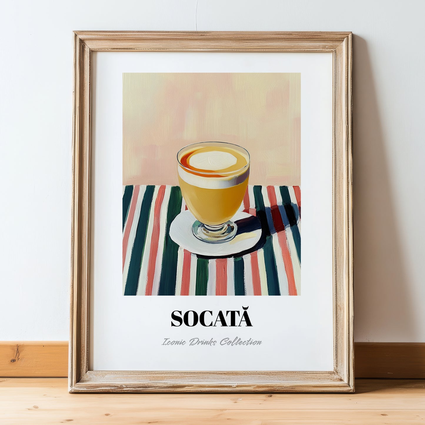 Socată – on Striped Tablecloth, Romanian Spirit Still Life, in wooden frame leaning on the floor