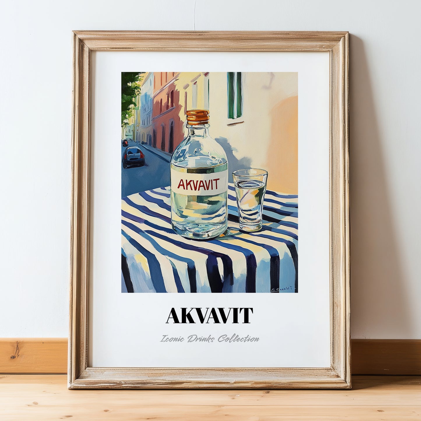 Akvavit – Danish Outdoor Café Scene, Danish Spirit Illustration, in wooden frame leaning on the floor