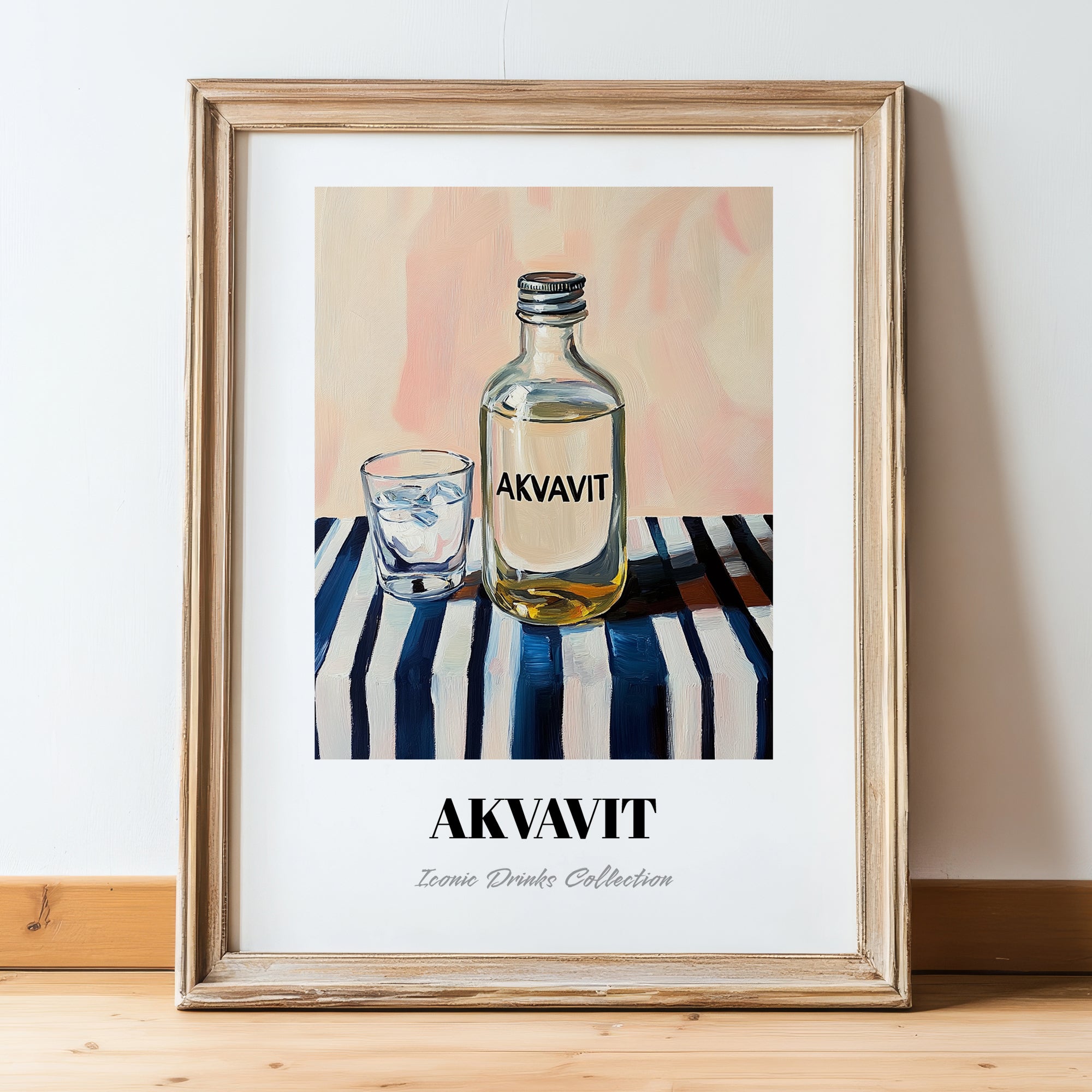 Akvavit – on Striped Tablecloth, Danish Spirit Wall Print, in wooden frame leaning on the floor
