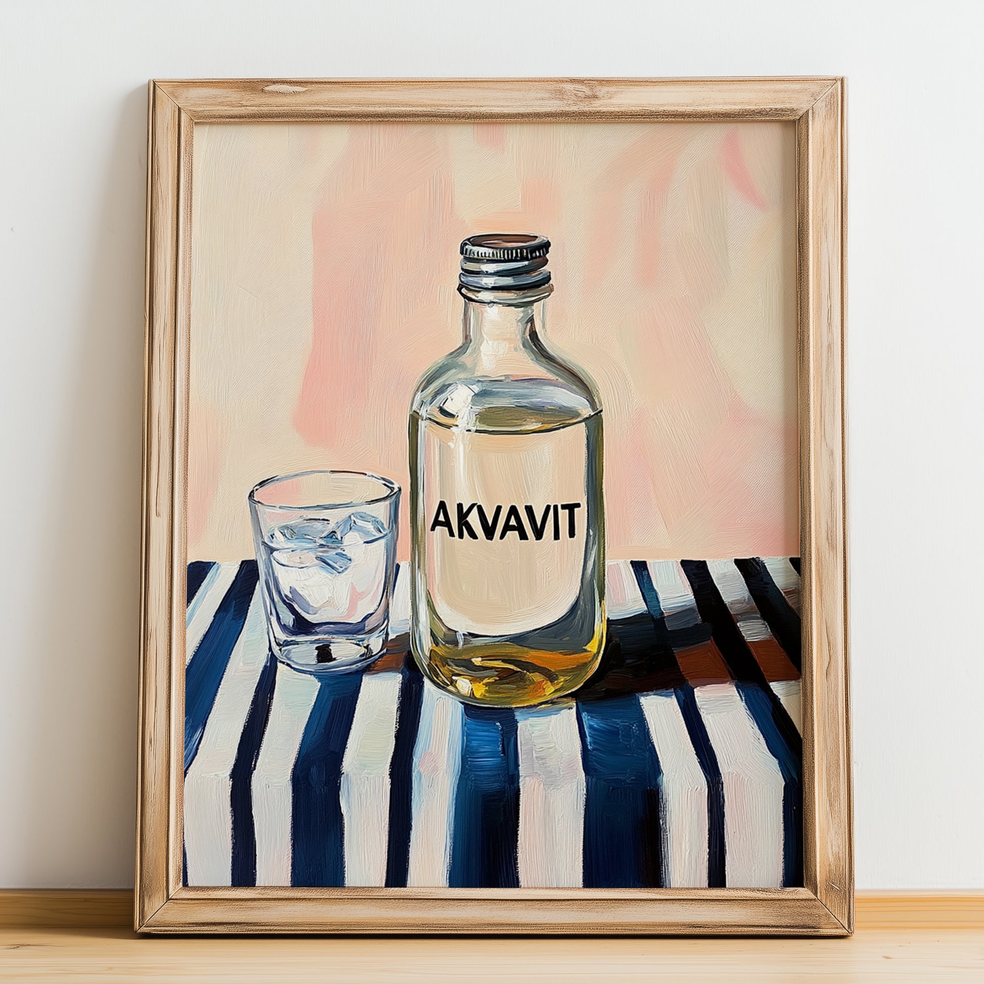 Akvavit – on Striped Tablecloth, Danish Spirit Wall Print, no-text version framed in wood
