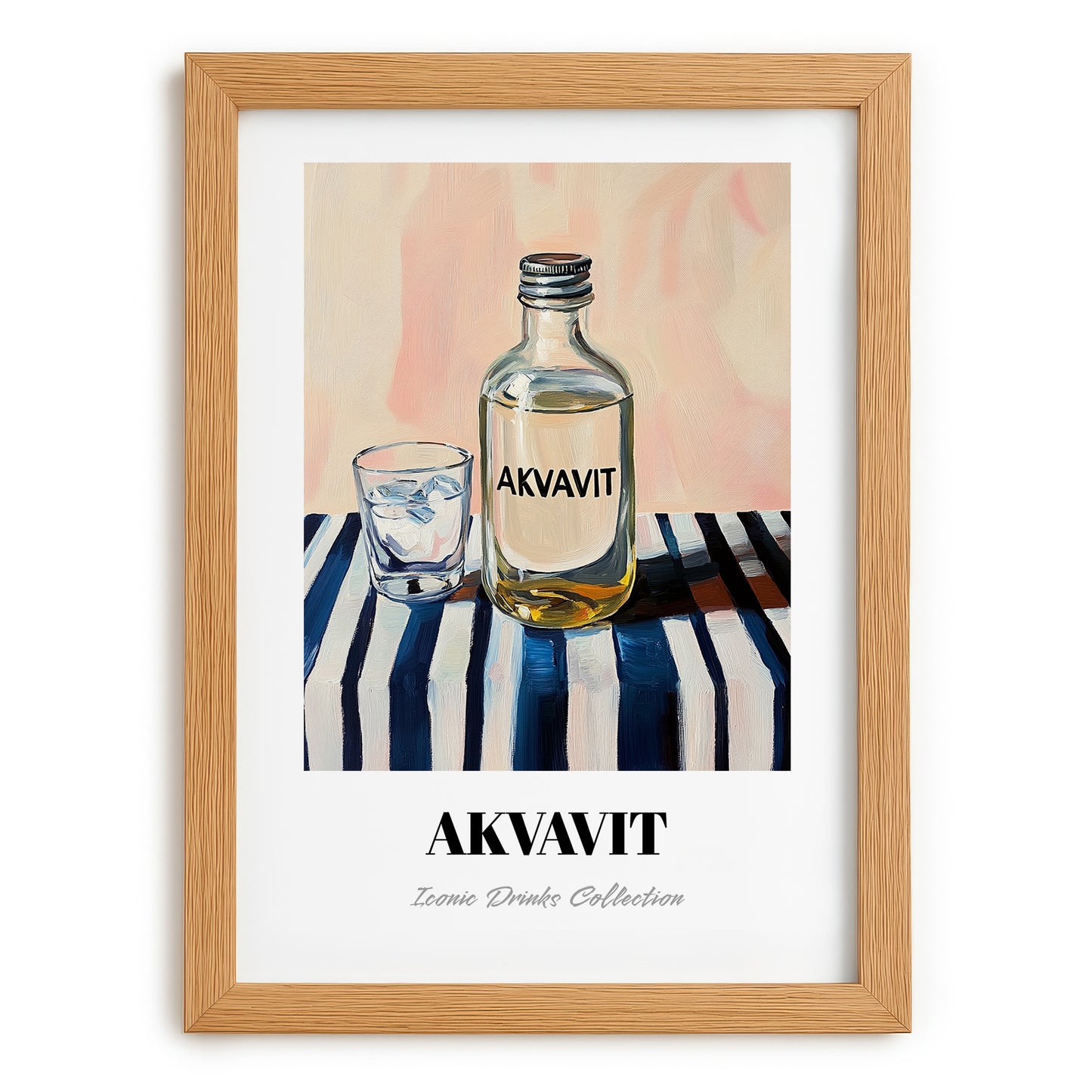 Akvavit – on Striped Tablecloth, Danish Spirit Wall Print, set in oak frame