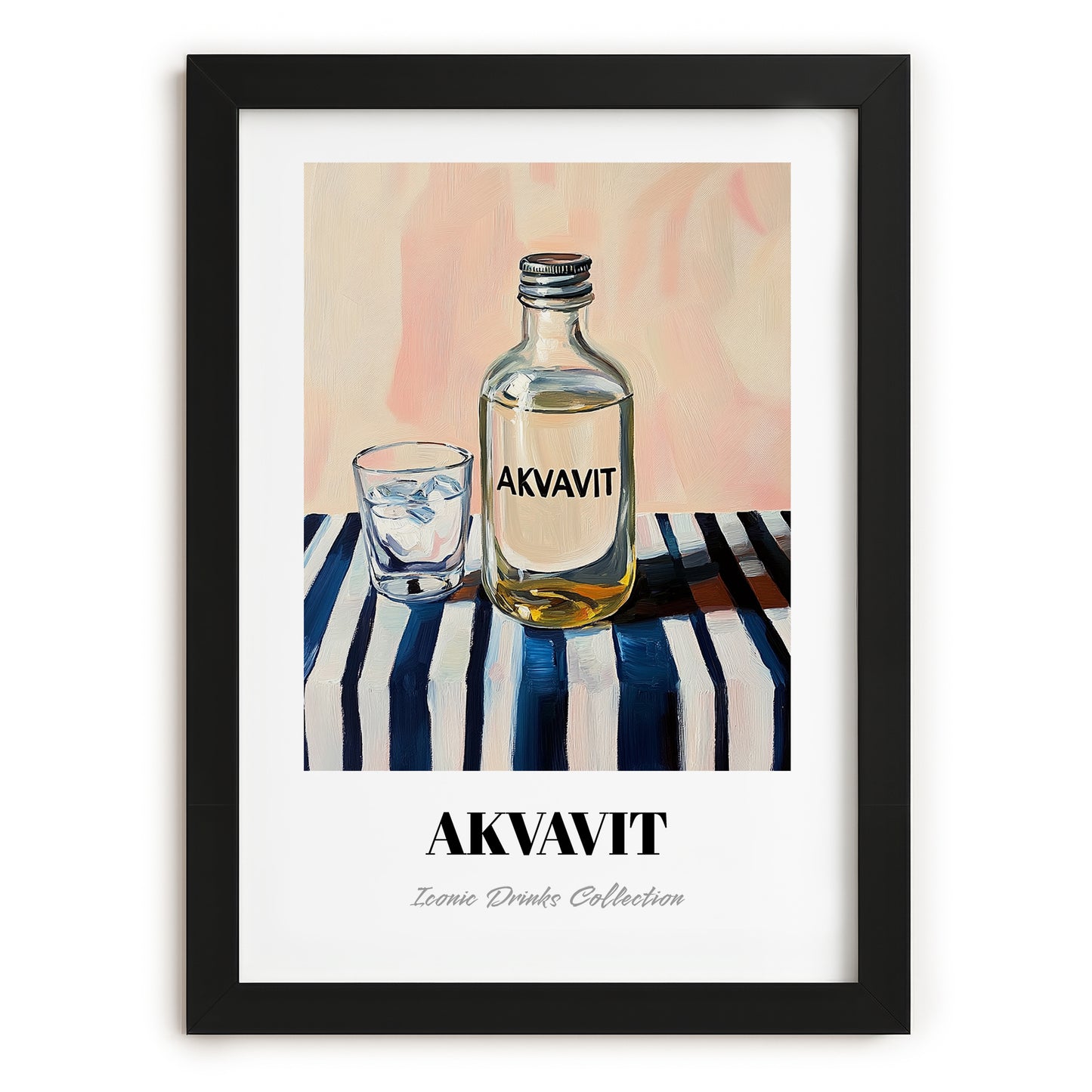 Akvavit – on Striped Tablecloth, Danish Spirit Wall Print, in sleek black frame