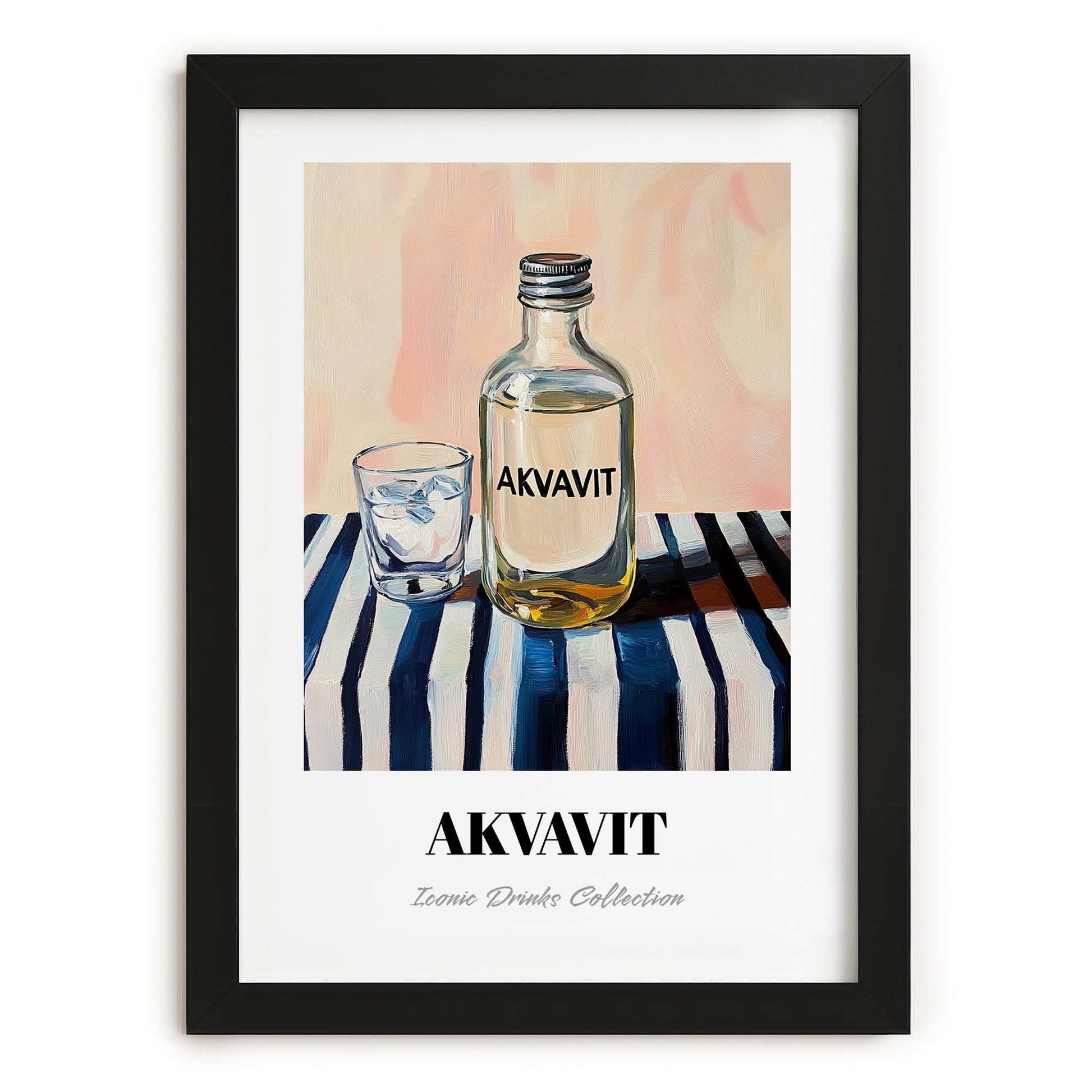 Akvavit – on Striped Tablecloth, Danish Spirit Wall Print, in sleek black frame
