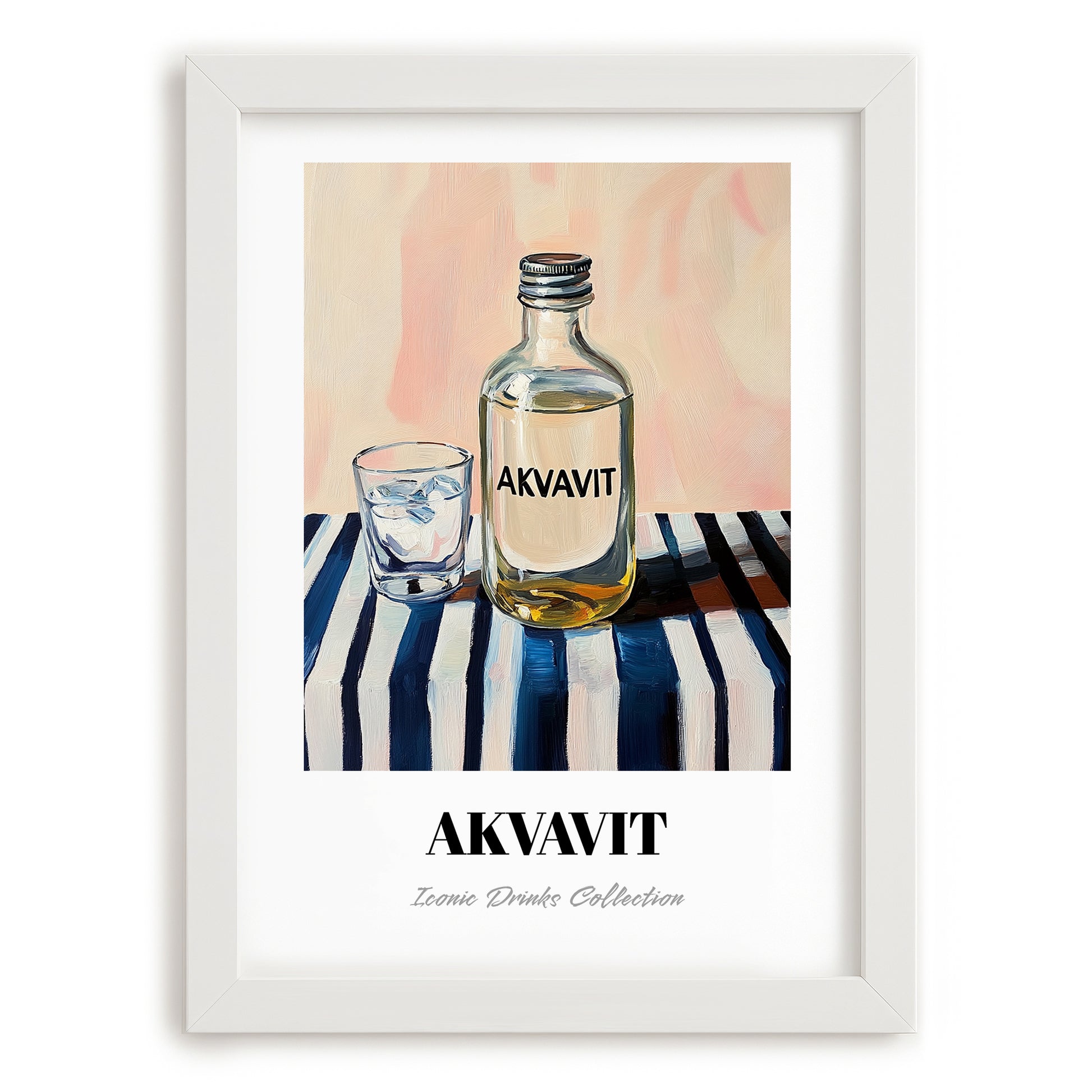 Akvavit – on Striped Tablecloth, Danish Spirit Wall Print, placed in minimal white frame