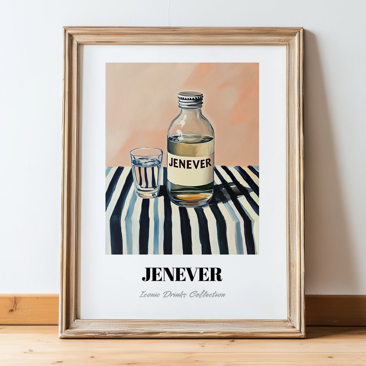 Jenever – on Striped Tablecloth, Dutch Beer Wall Decor, in wooden frame leaning on the floor