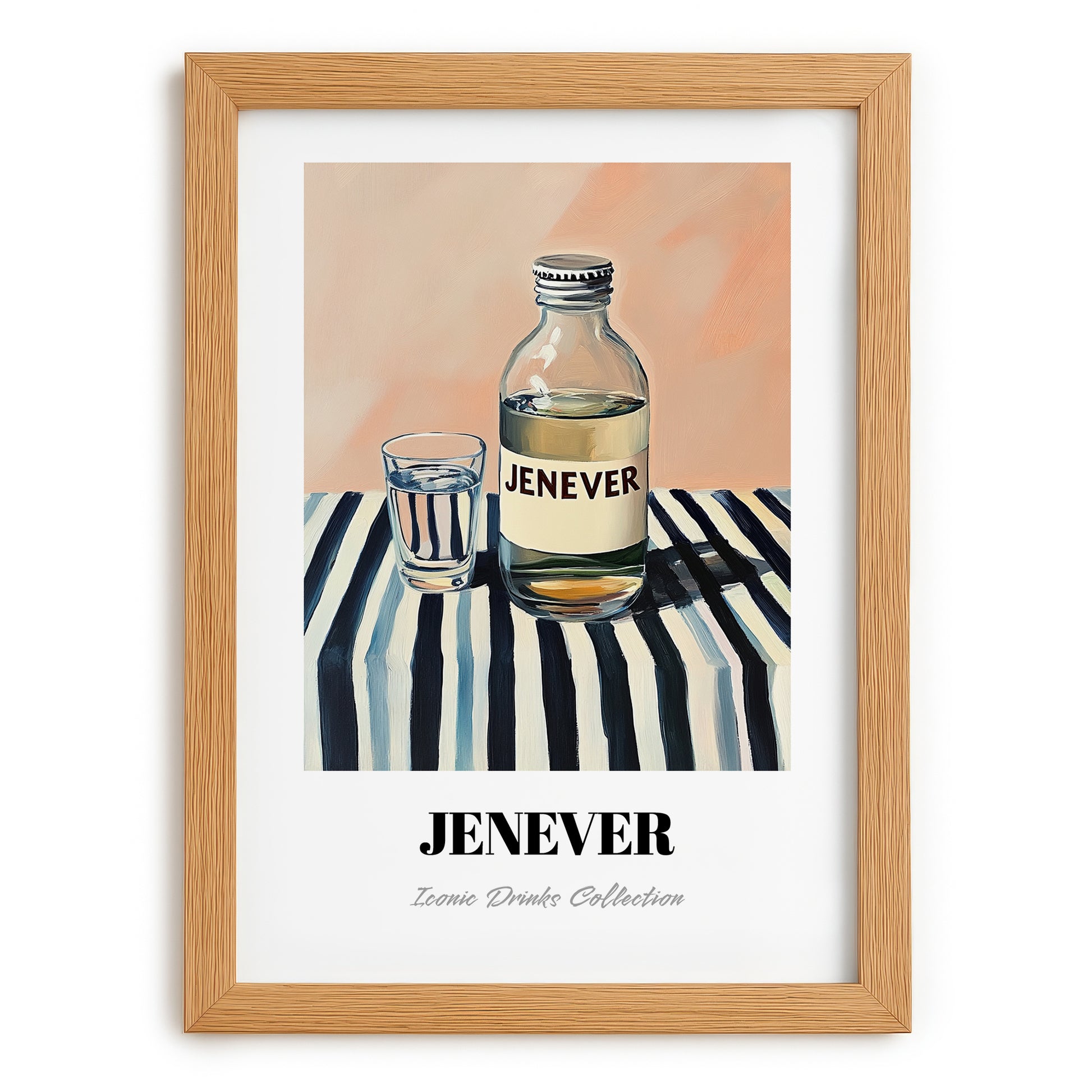 Jenever – on Striped Tablecloth, Dutch Beer Wall Decor, set in oak frame