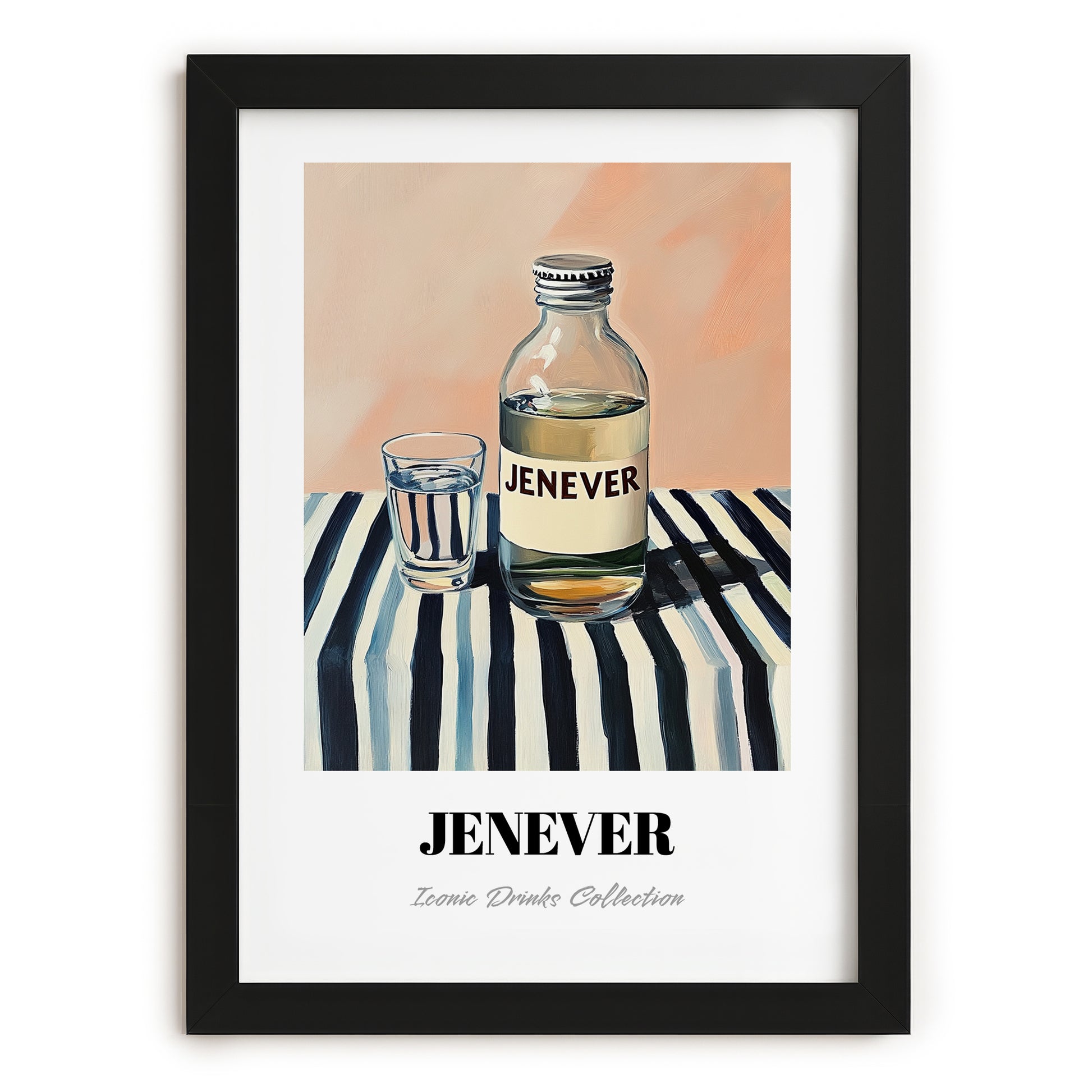 Jenever – on Striped Tablecloth, Dutch Beer Wall Decor, in sleek black frame