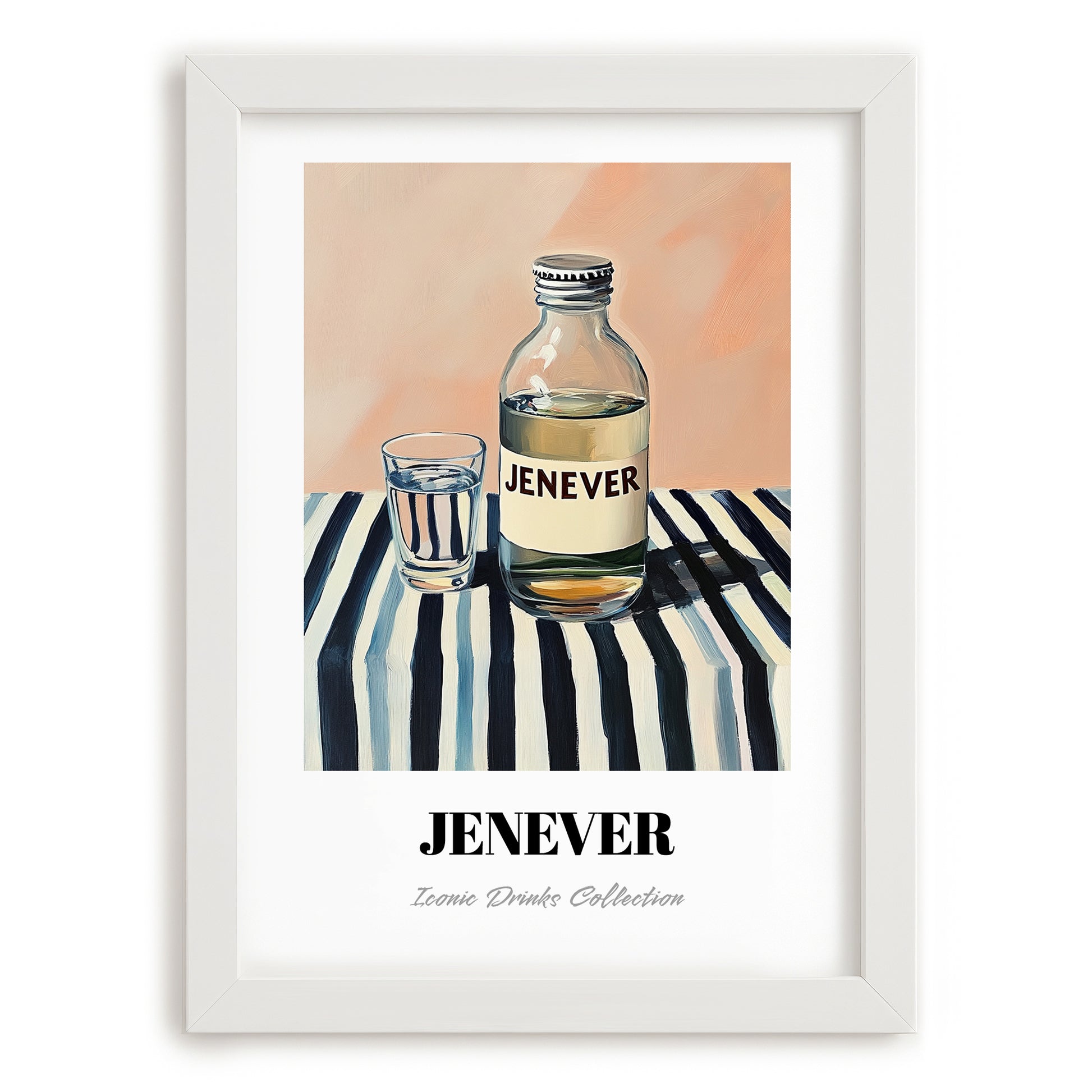 Jenever – on Striped Tablecloth, Dutch Beer Wall Decor, placed in minimal white frame