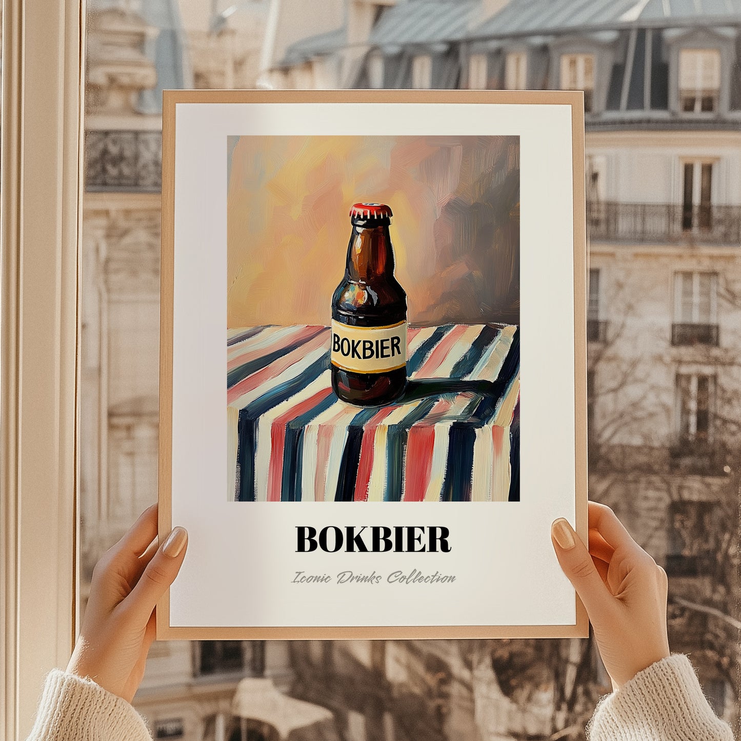 Bokbier – on Striped Tablecloth, Dutch Beer Painting, styled in a charming Paris street view