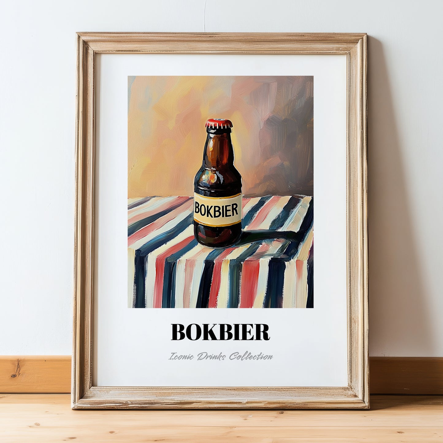 Bokbier – on Striped Tablecloth, Dutch Beer Painting, in wooden frame leaning on the floor