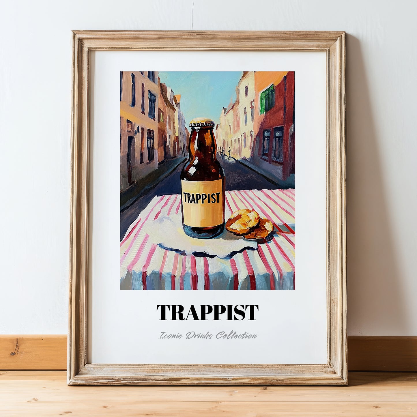 Trappist – Belgian Street Café Scene, Belgian Beer Poster, in wooden frame leaning on the floor