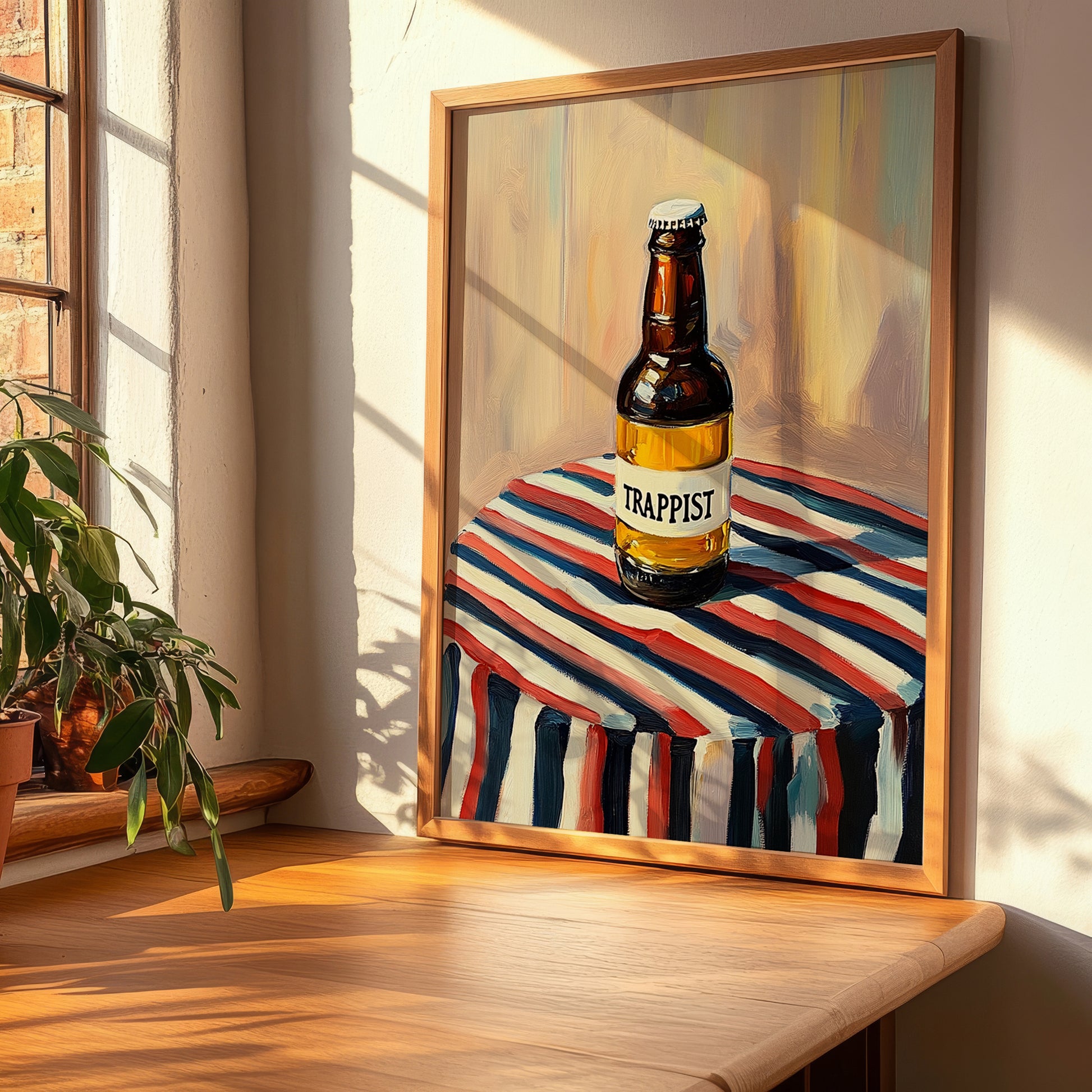 Trappist – on Striped Tablecloth, Belgian Beer Still Life, clean layout with no caption