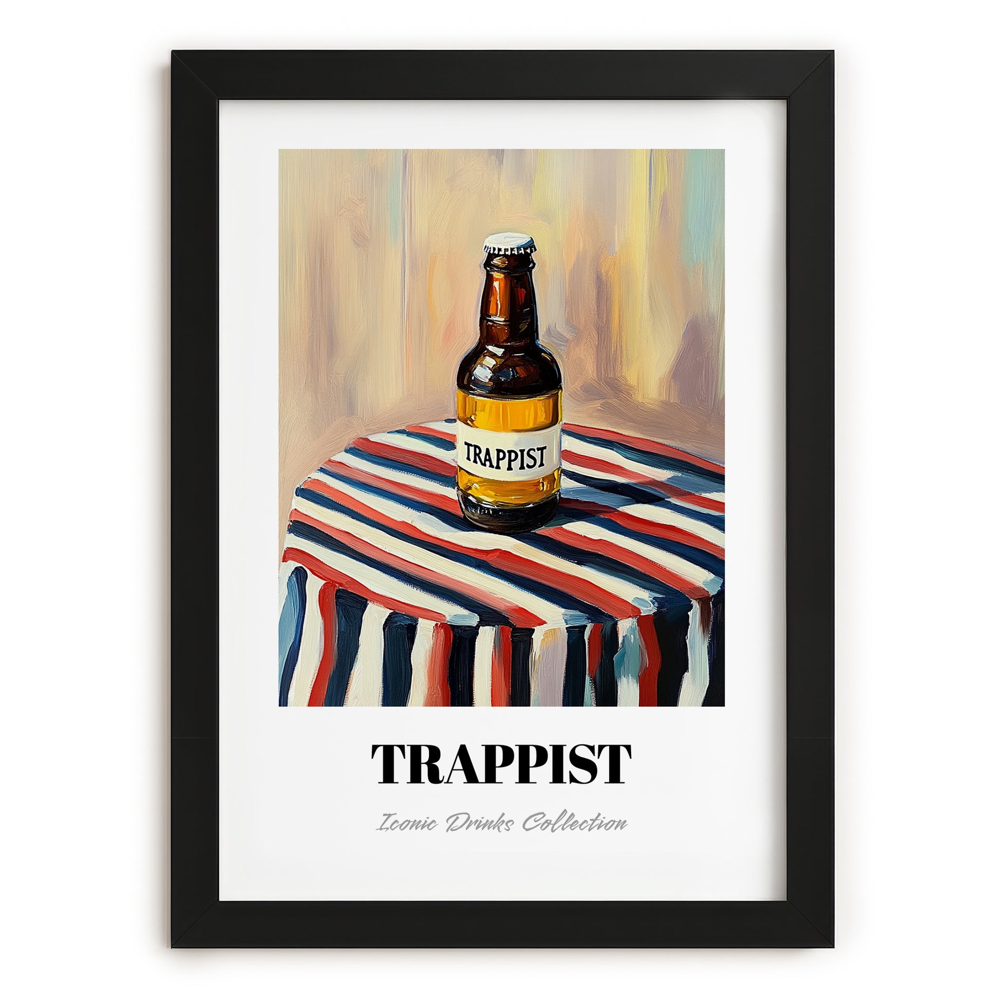 Trappist – on Striped Tablecloth, Belgian Beer Still Life, in sleek black frame