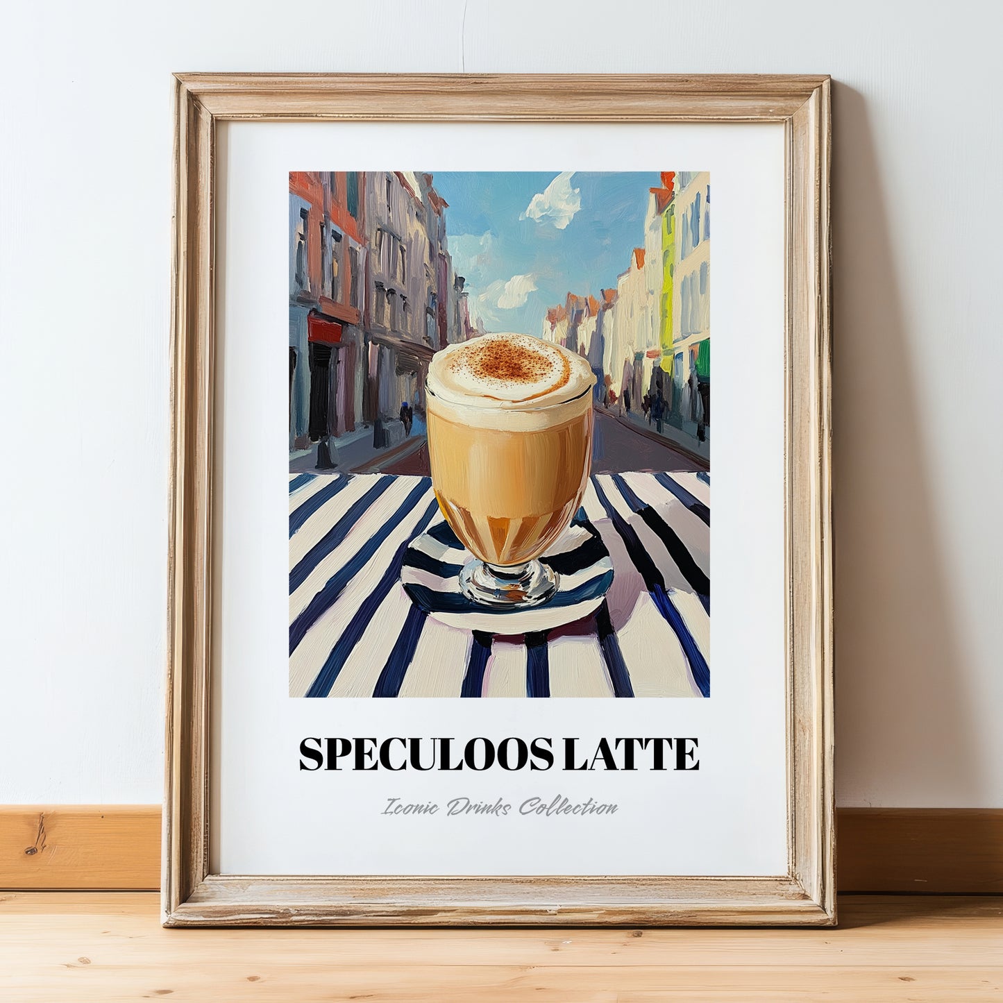 Speculoos Latte – Belgian Urban Café Scene, Belgian Coffee Still Life, in wooden frame leaning on the floor