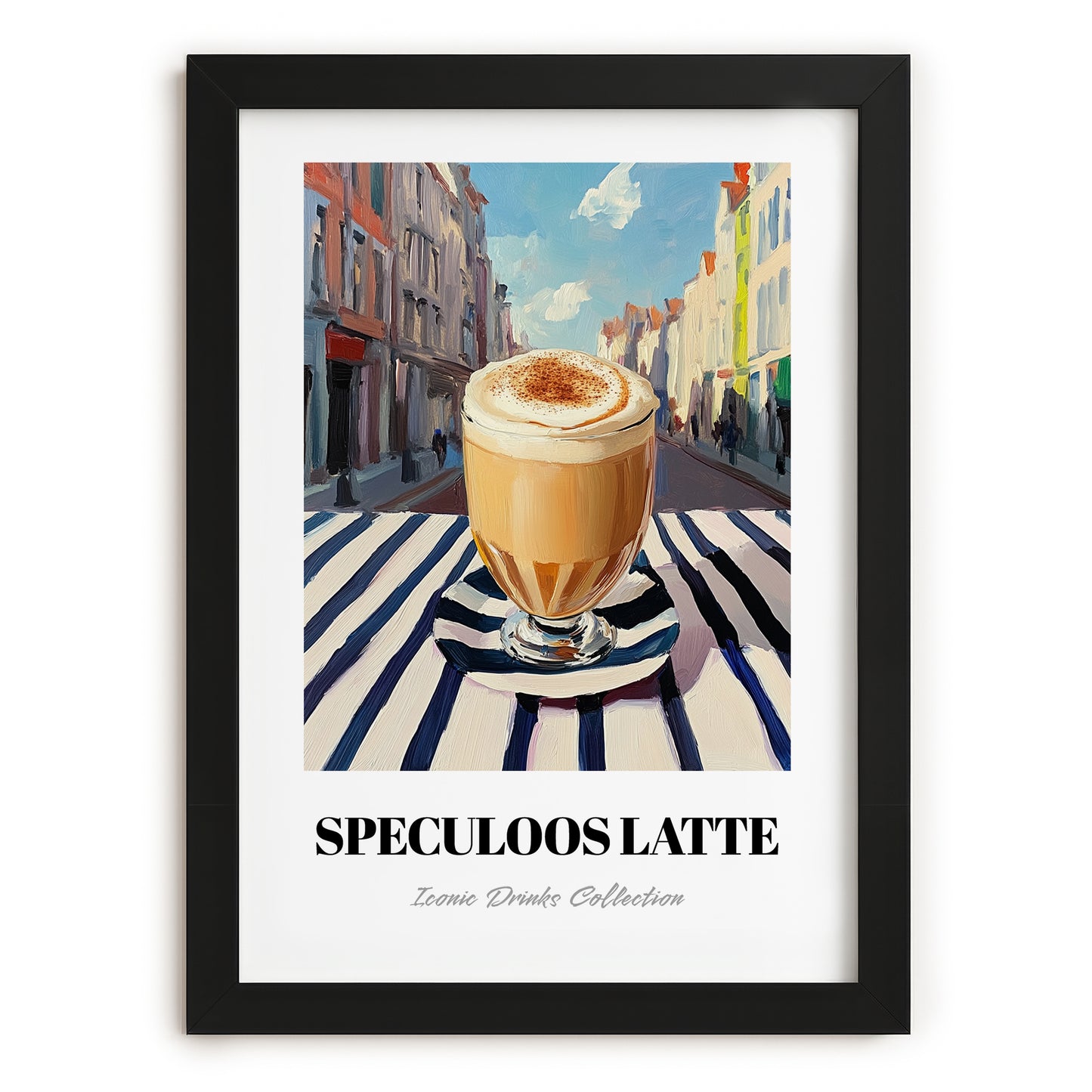 Speculoos Latte – Belgian Urban Café Scene, Belgian Coffee Still Life, in sleek black frame