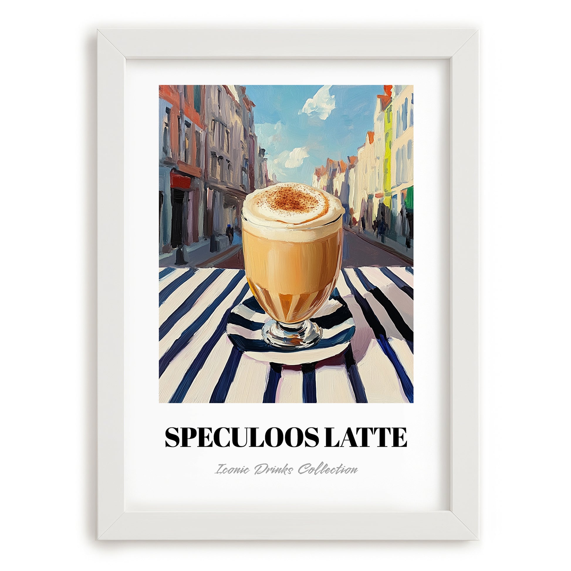 Speculoos Latte – Belgian Urban Café Scene, Belgian Coffee Still Life, placed in minimal white frame