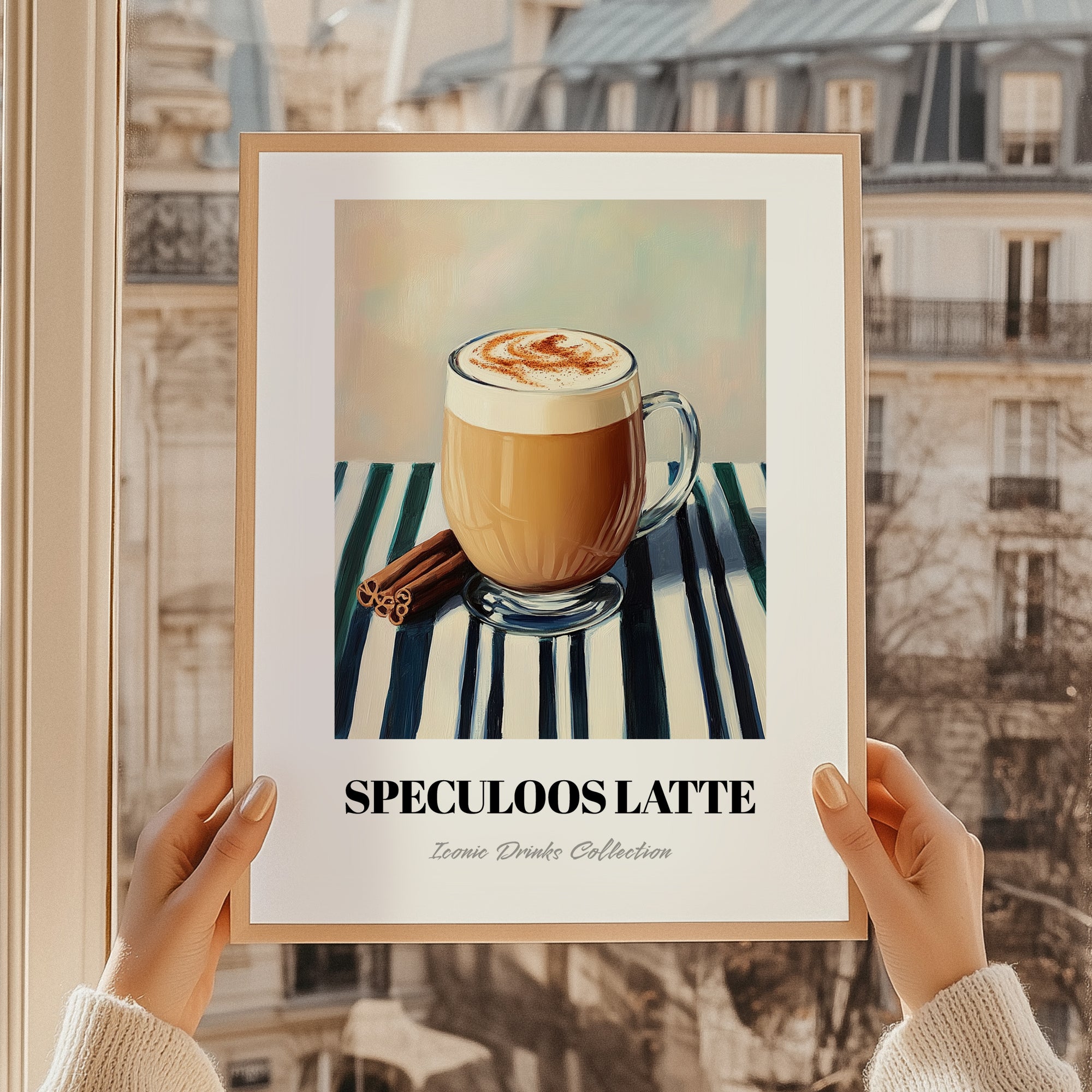 Speculoos Latte – on Striped Tablecloth, Belgian Beverage Still Life, styled in a charming Paris street view