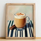 Speculoos Latte – on Striped Tablecloth, Belgian Beverage Still Life, no-text version framed in wood