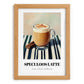 Speculoos Latte – on Striped Tablecloth, Belgian Beverage Still Life, set in oak frame