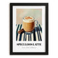 Speculoos Latte – on Striped Tablecloth, Belgian Beverage Still Life, in sleek black frame