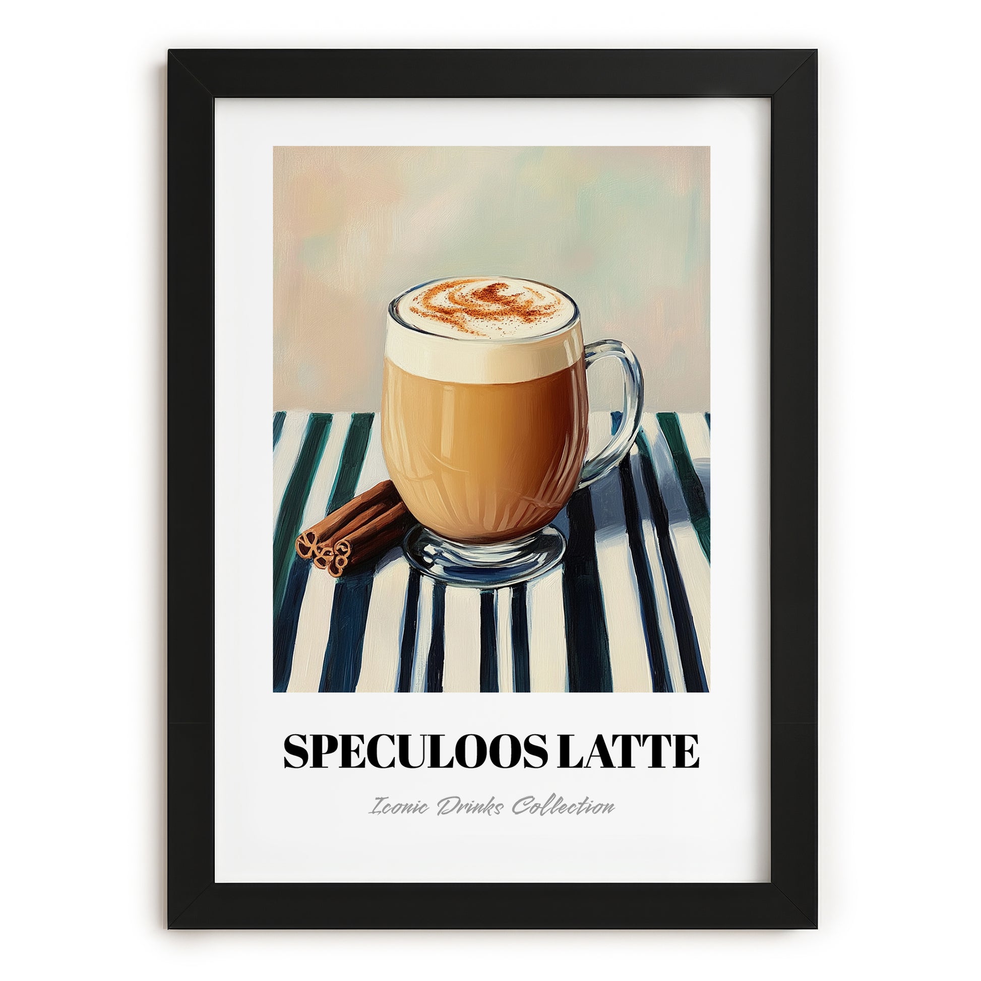 Speculoos Latte – on Striped Tablecloth, Belgian Beverage Still Life, in sleek black frame