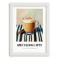 Speculoos Latte – on Striped Tablecloth, Belgian Beverage Still Life, placed in minimal white frame