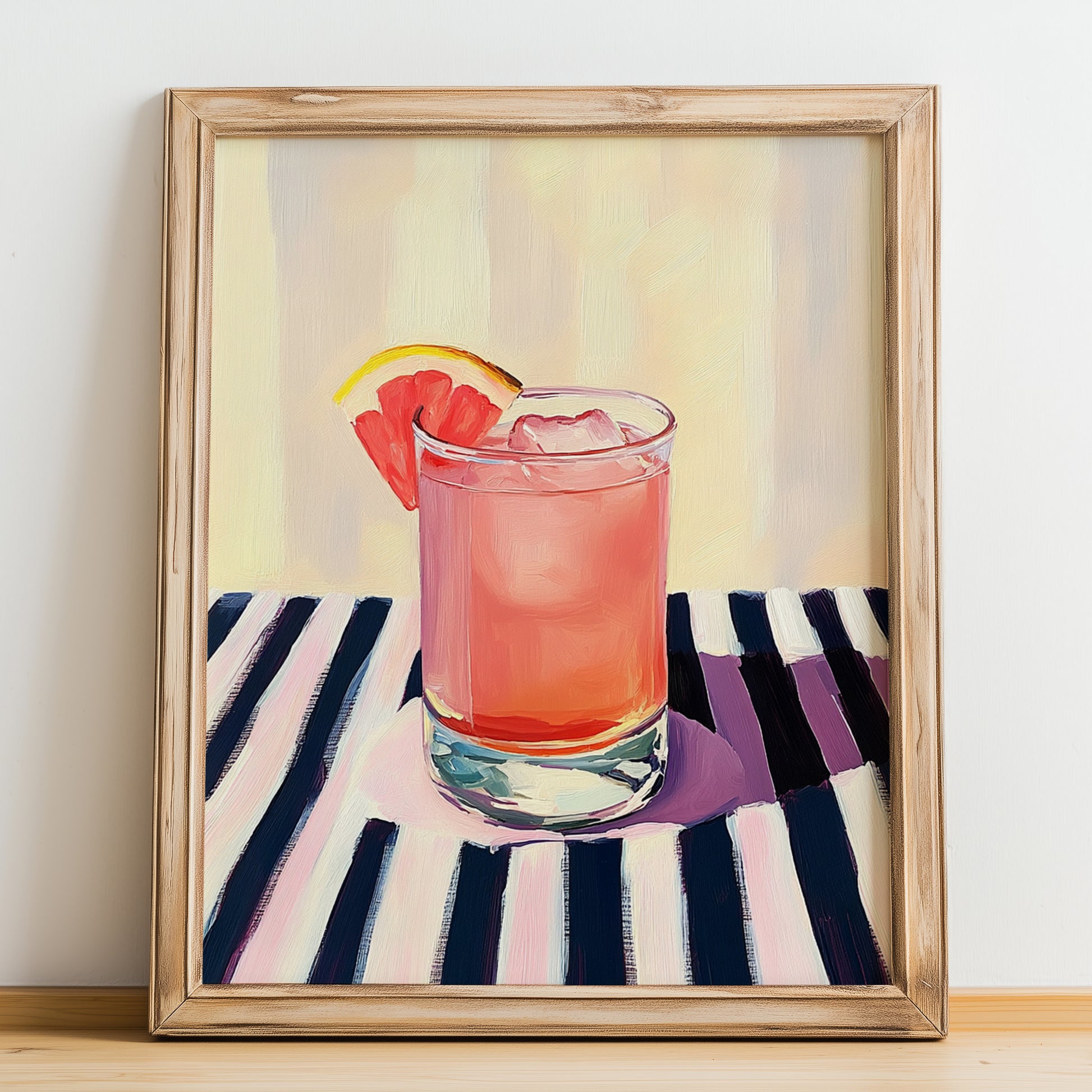 Long Drink – on Striped Tablecloth, Finnish Beverage Wall Decor, no-text version framed in wood