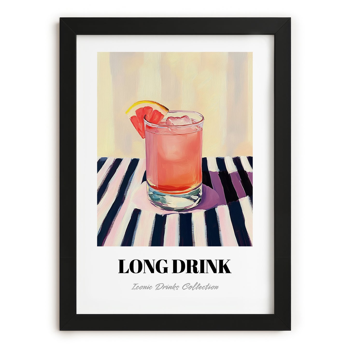Long Drink – on Striped Tablecloth, Finnish Beverage Wall Decor, in sleek black frame