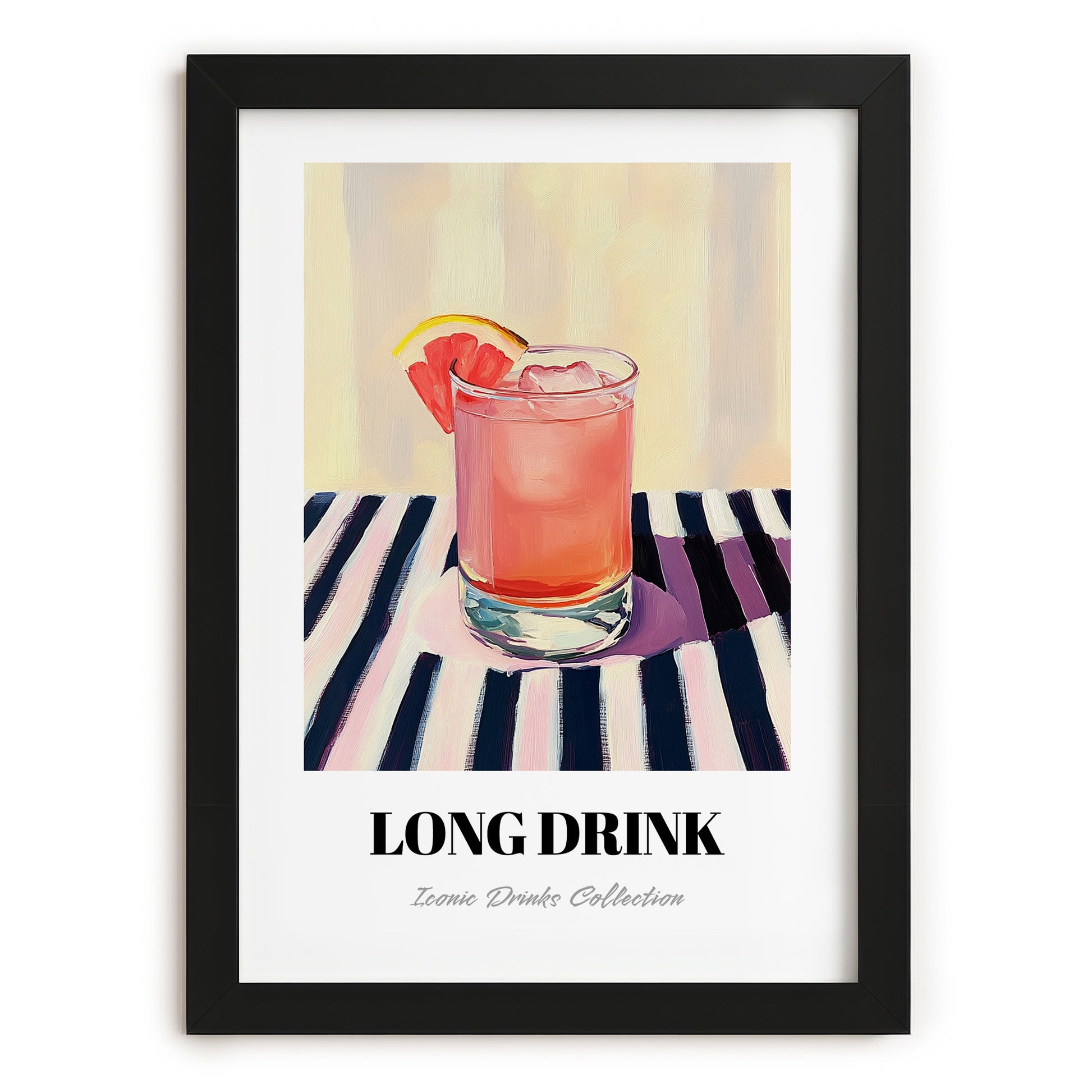 Long Drink – on Striped Tablecloth, Finnish Beverage Wall Decor, in sleek black frame