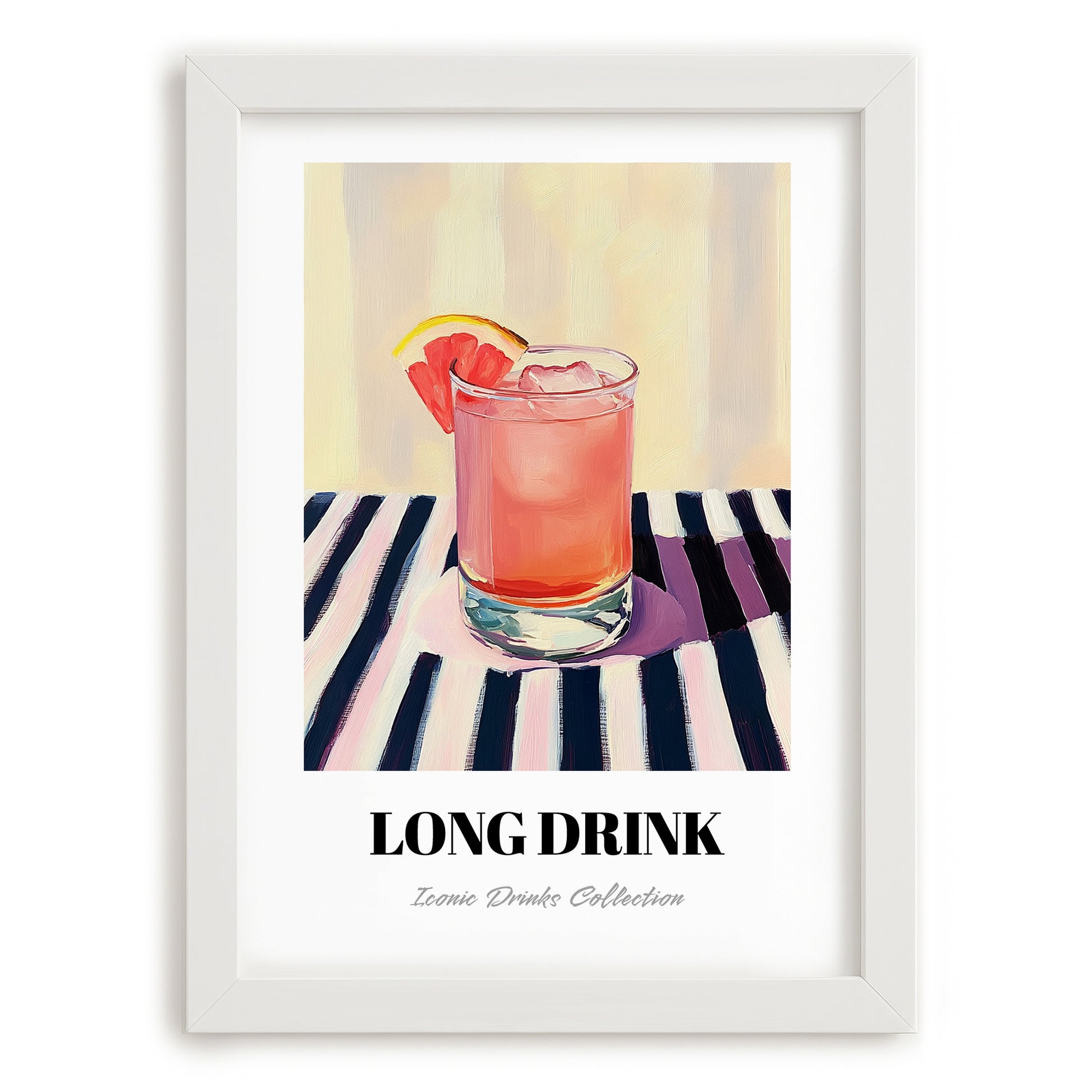 Long Drink – on Striped Tablecloth, Finnish Beverage Wall Decor, placed in minimal white frame