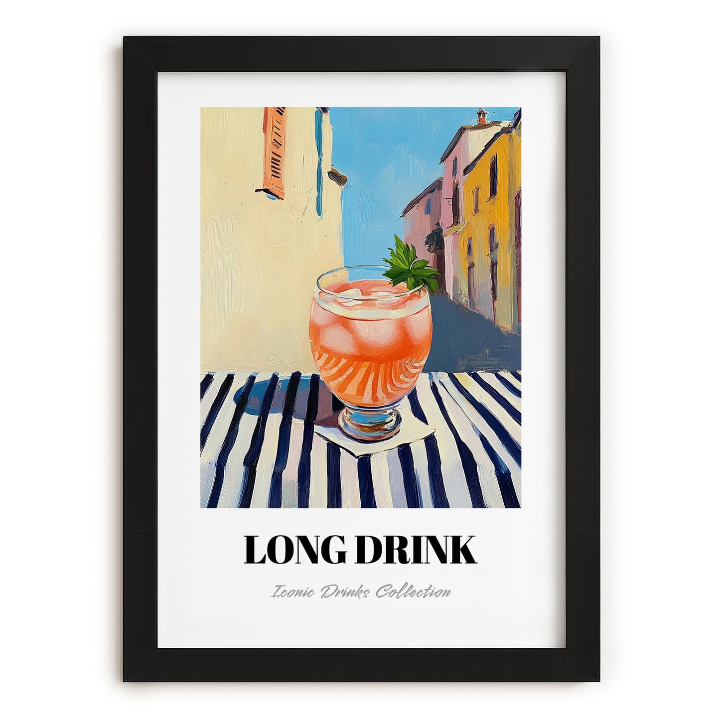 Long Drink – Finnish Urban Café Scene, Finnish Beverage Illustration, in sleek black frame