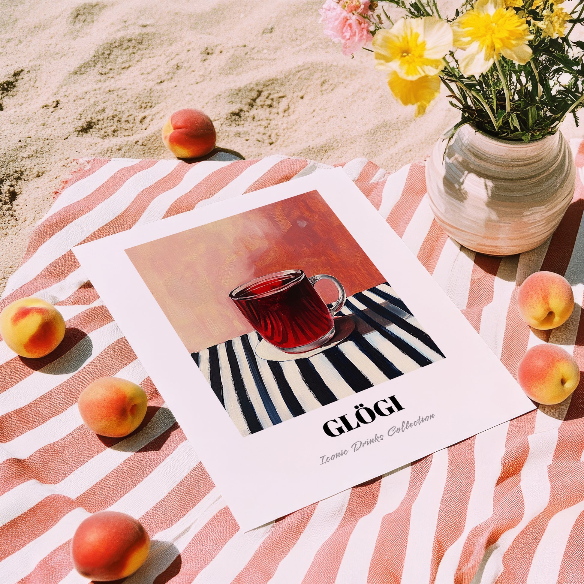 Glögi – on Striped Tablecloth, Finnish Beverage Art, unframed on coastal sand