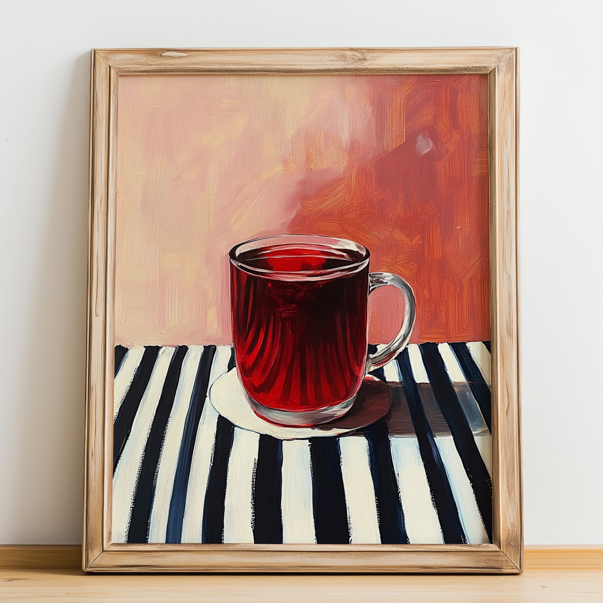 Glögi – on Striped Tablecloth, Finnish Beverage Art, no-text version framed in wood