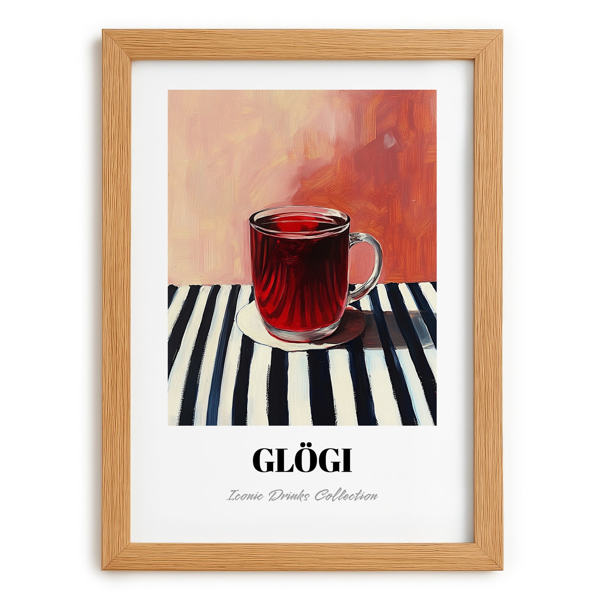 Glögi – on Striped Tablecloth, Finnish Beverage Art, set in oak frame